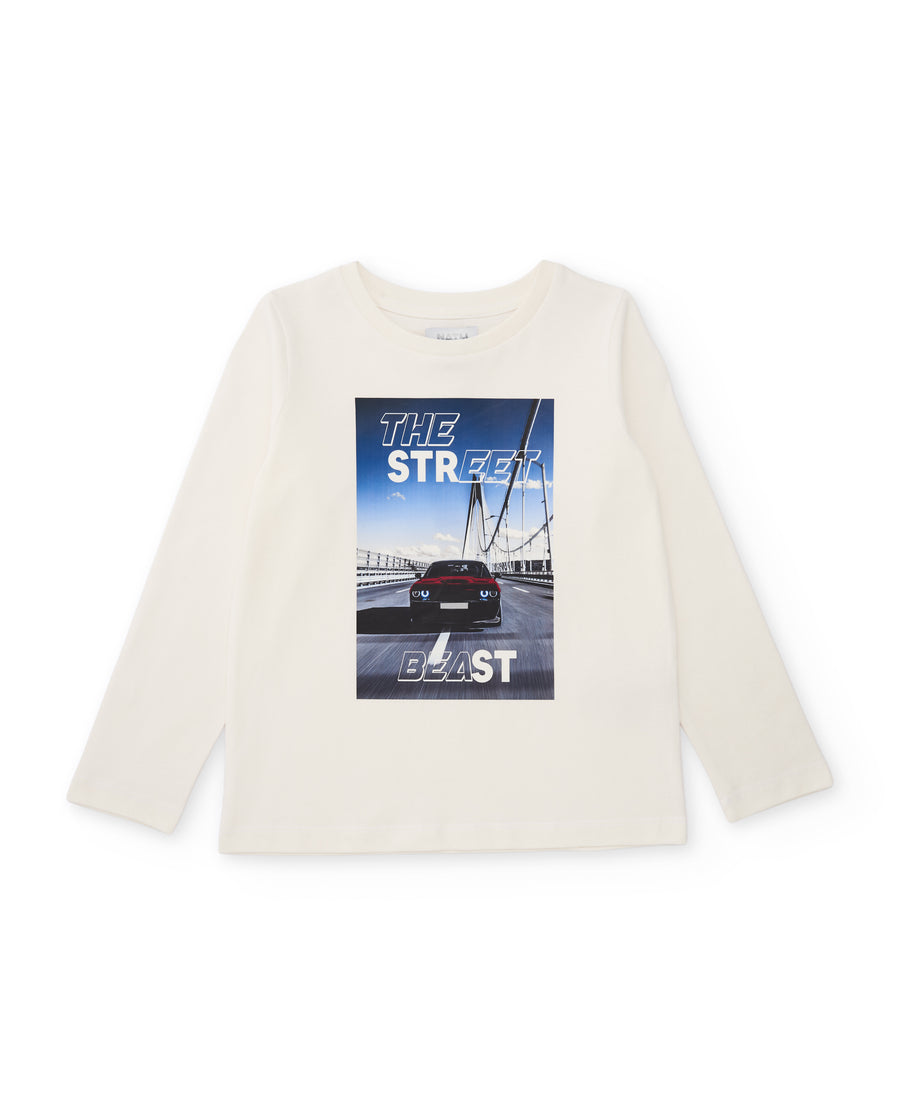 Boys' knitted T-shirt with an urban car graphic