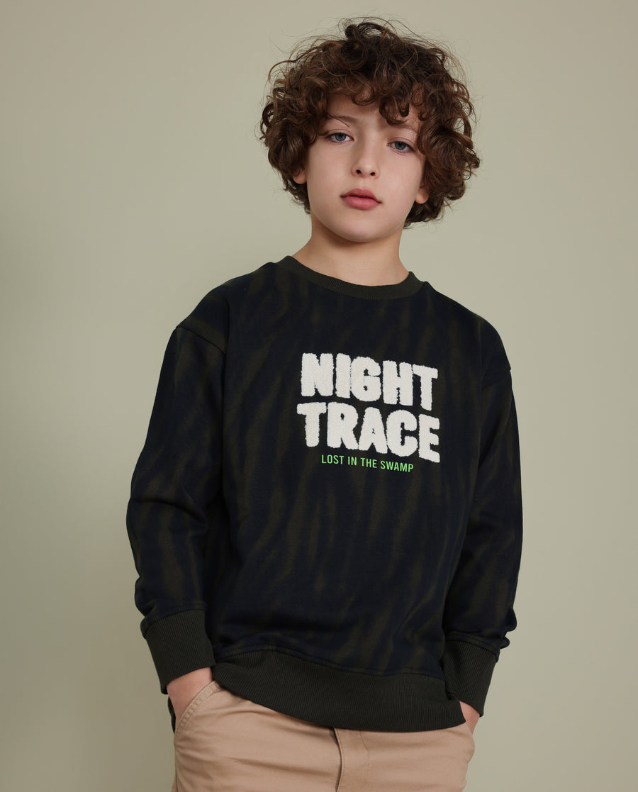 Fleece boys' sweatshirt with printed message and olive green details