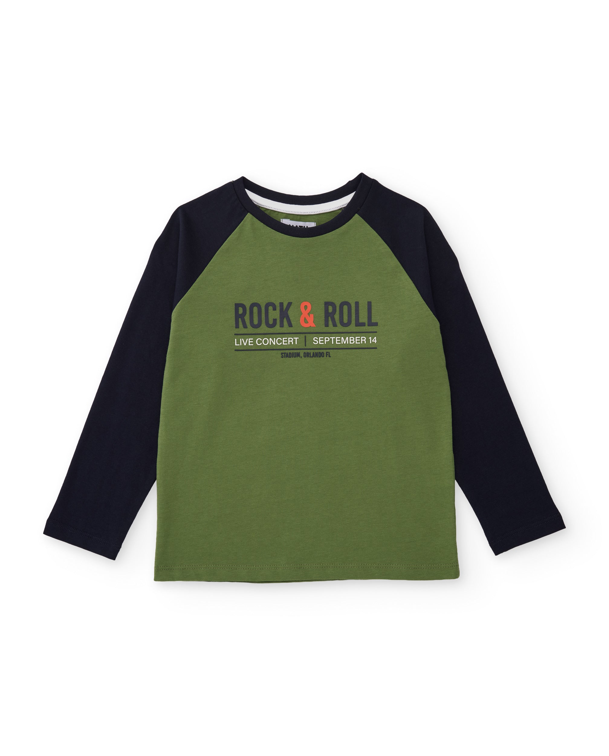 Camiseta de niño de punto con estampado de rock y mangas en contraste