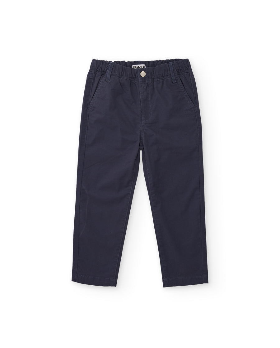 Boys' chino trousers in plain-weave fabric with elasticated waist