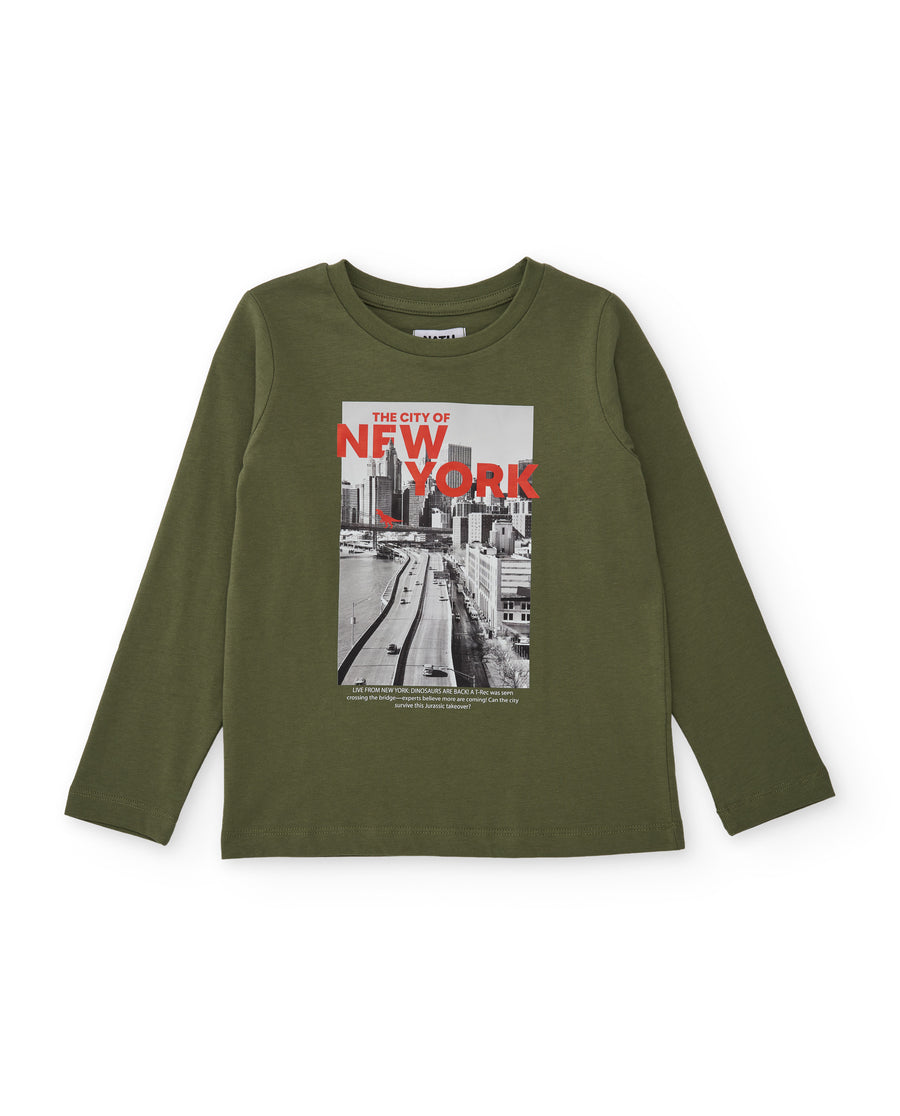 Camiseta de niño de punto con estampado de ciudad y manga larga