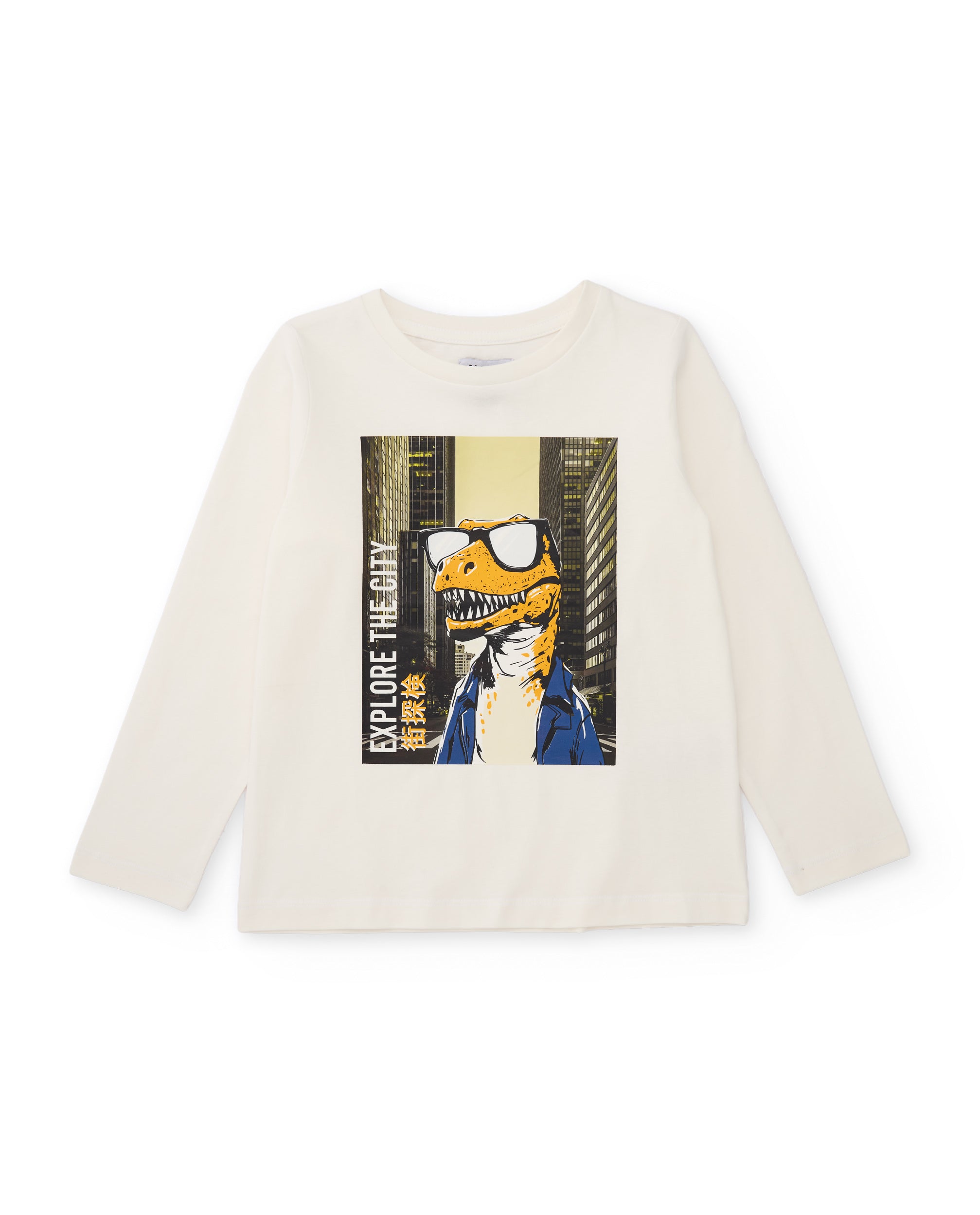 Camiseta de niño de punto con estampado de dinosaurio con gafas