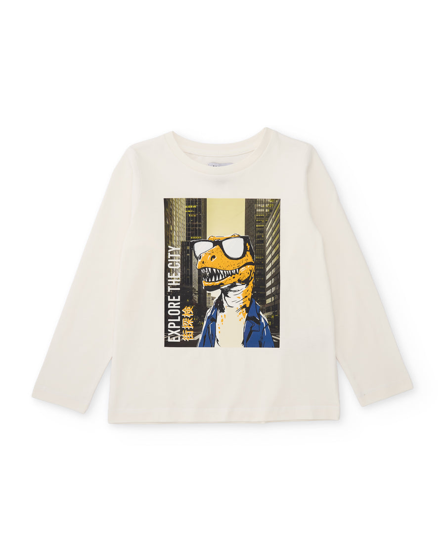 Knitted boys' T-shirt with dinosaur wearing glasses print