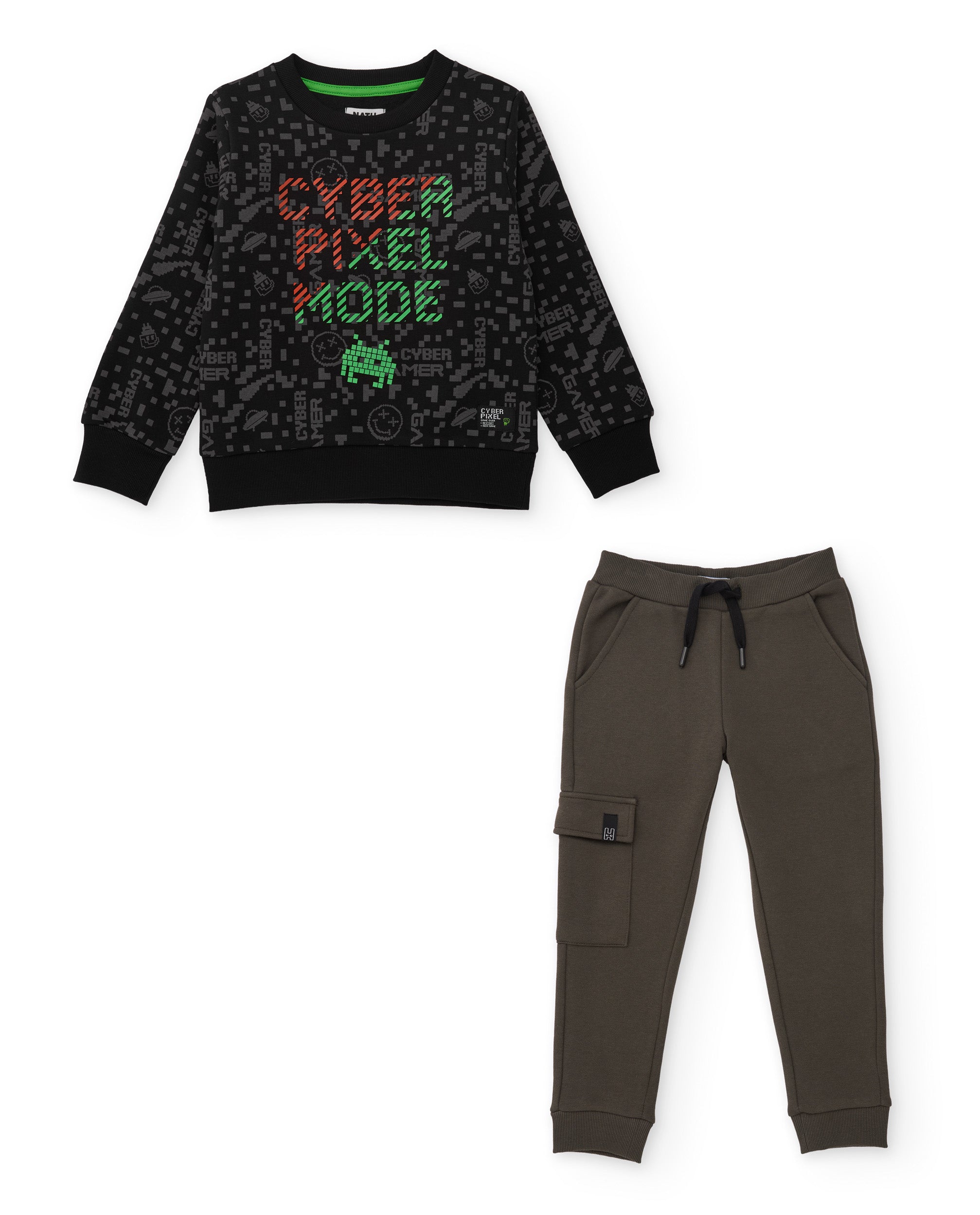 Conjunto de niño con sudadera de algodón con diseño pixelado y pantalón jogger