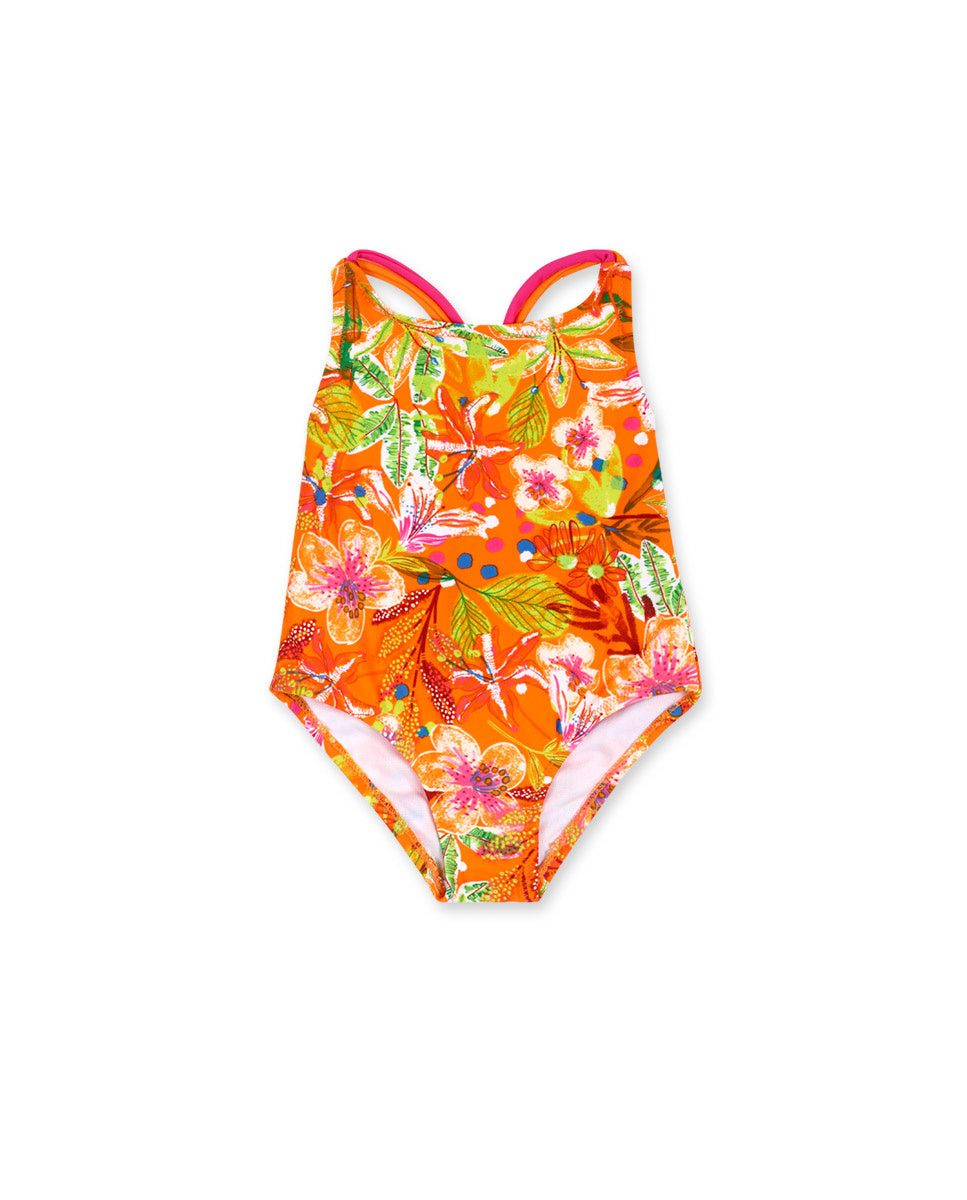 Bañador naranja estampado niña Eco-Safari