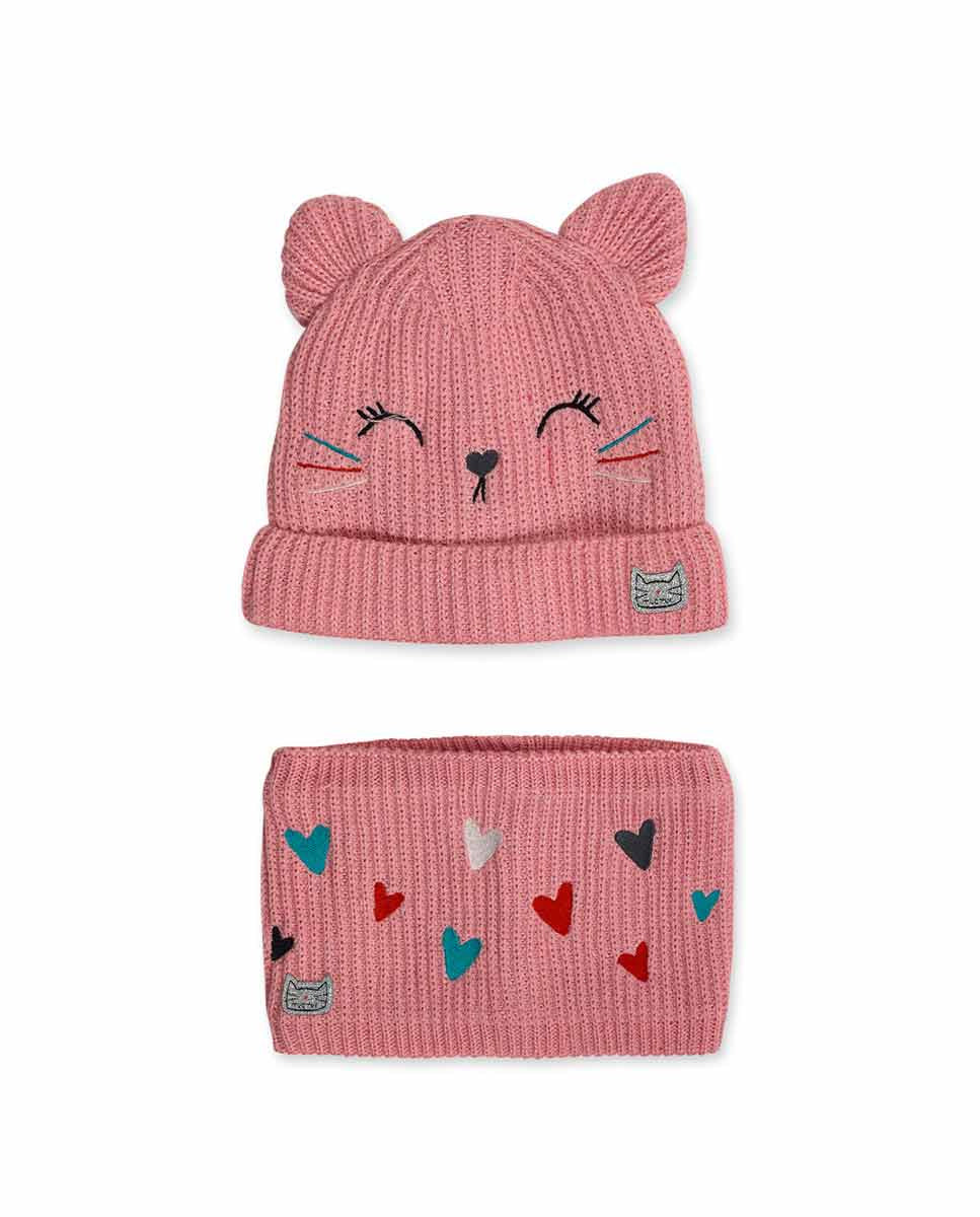 Gorro y cuello tricot rosa niña Cattitude