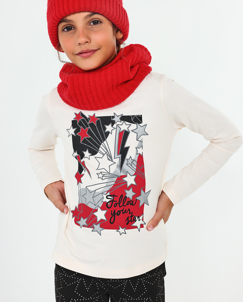 Beige knit t-shirt for girls Starlight collection