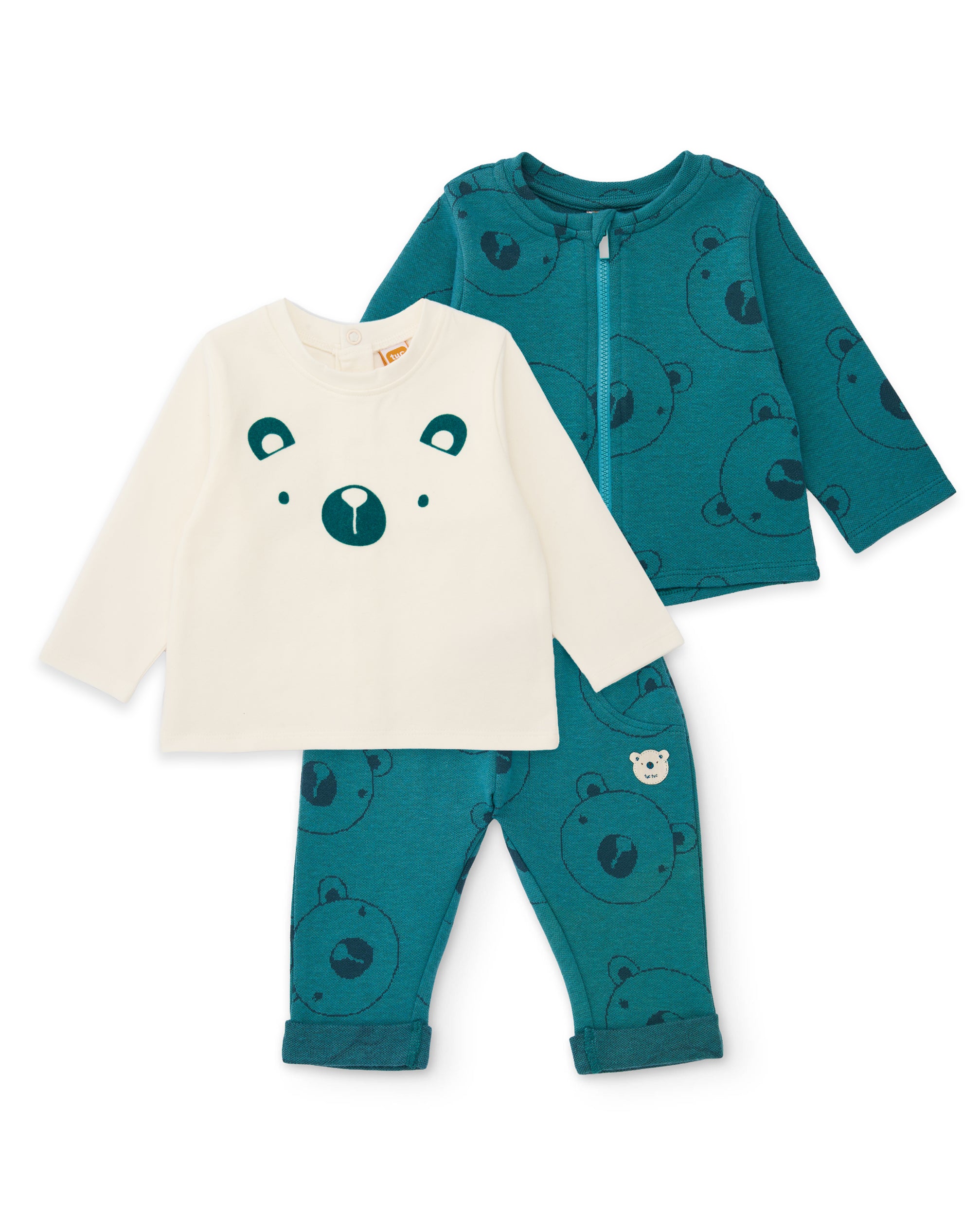 Conjunto de felpa de bebé de tres piezas con estampado de osos