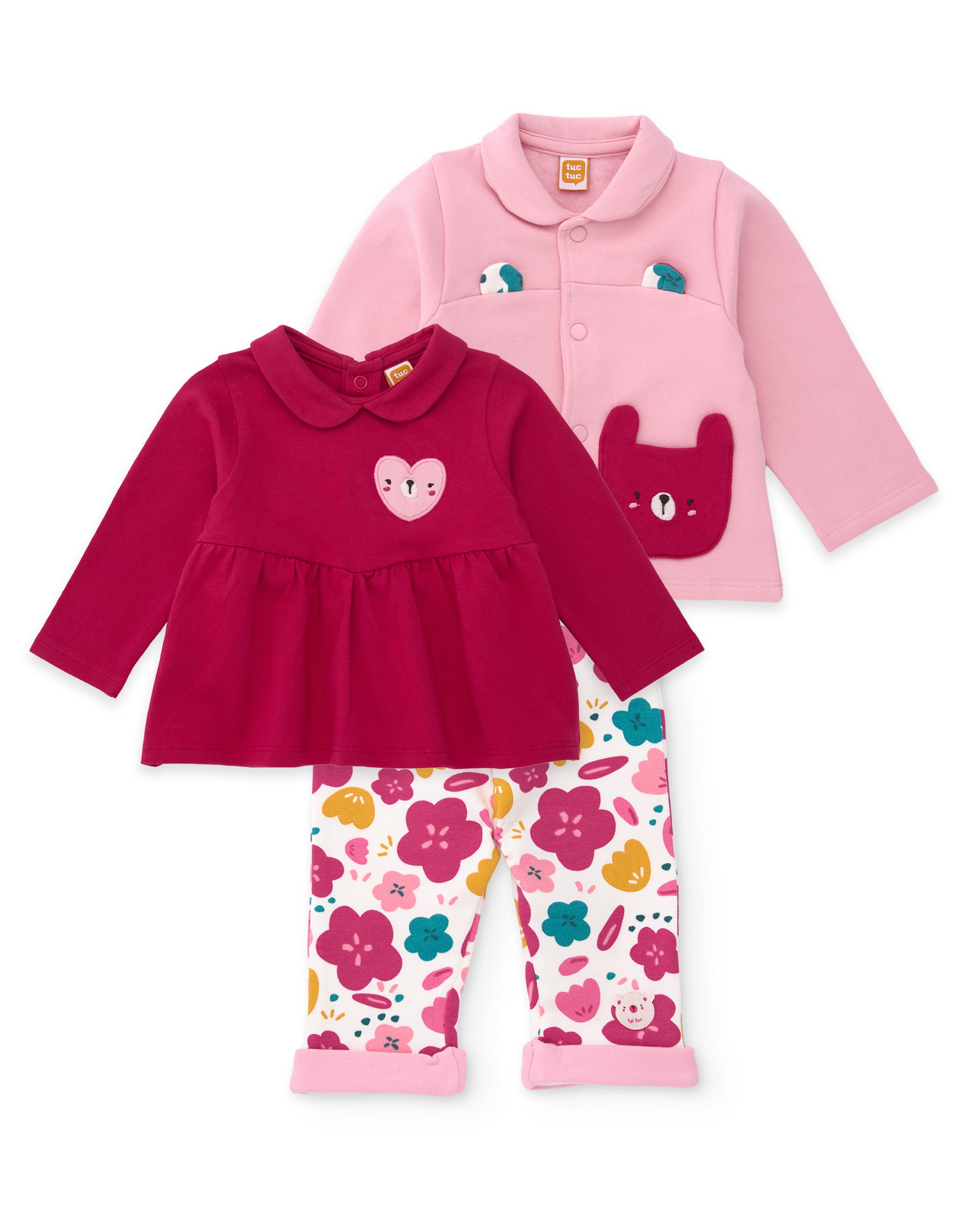Conjunto de felpa de bebé de tres piezas con detalles bordados