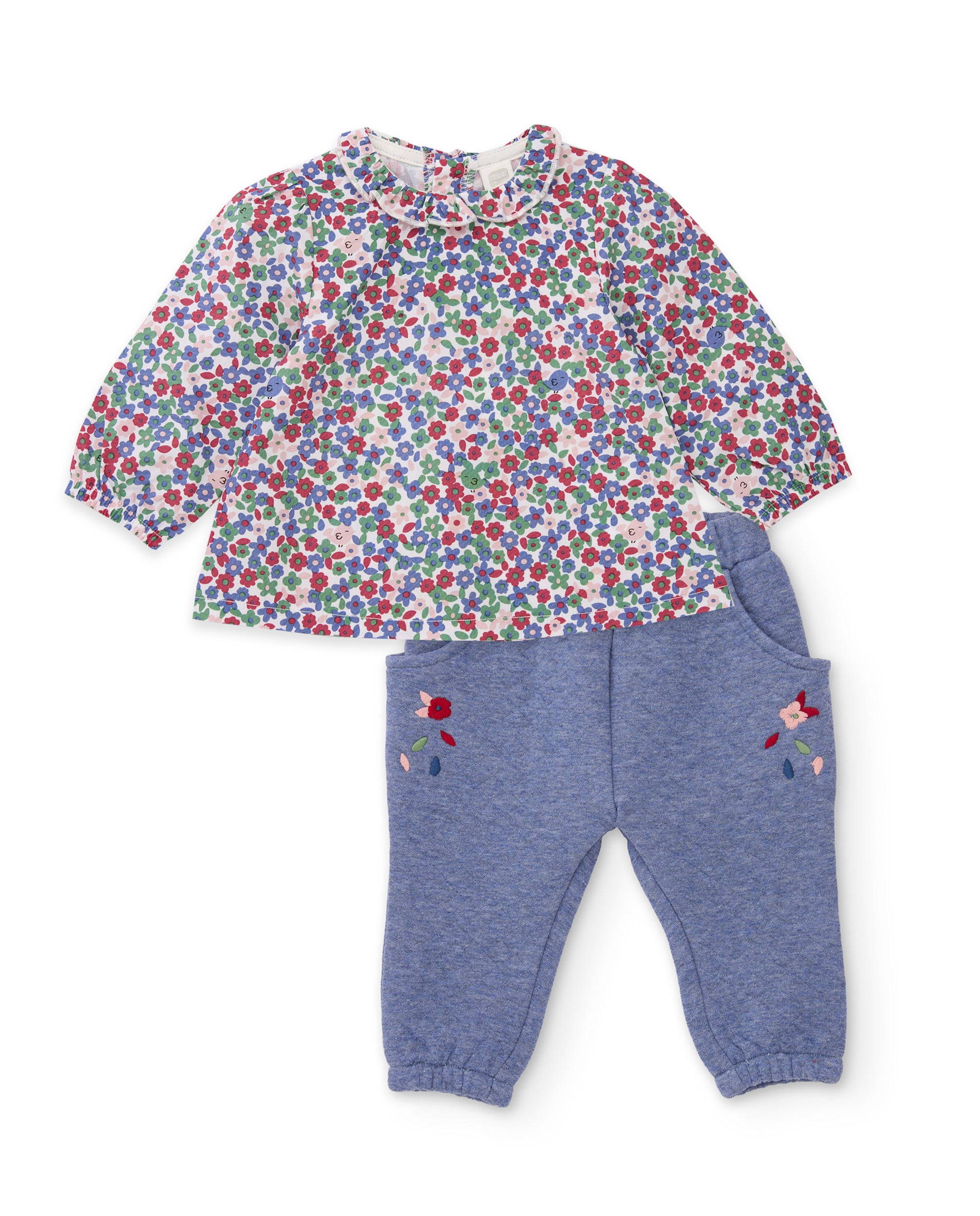 Conjunto de bebé con blusa floral de tela plana  y pantalón de punto