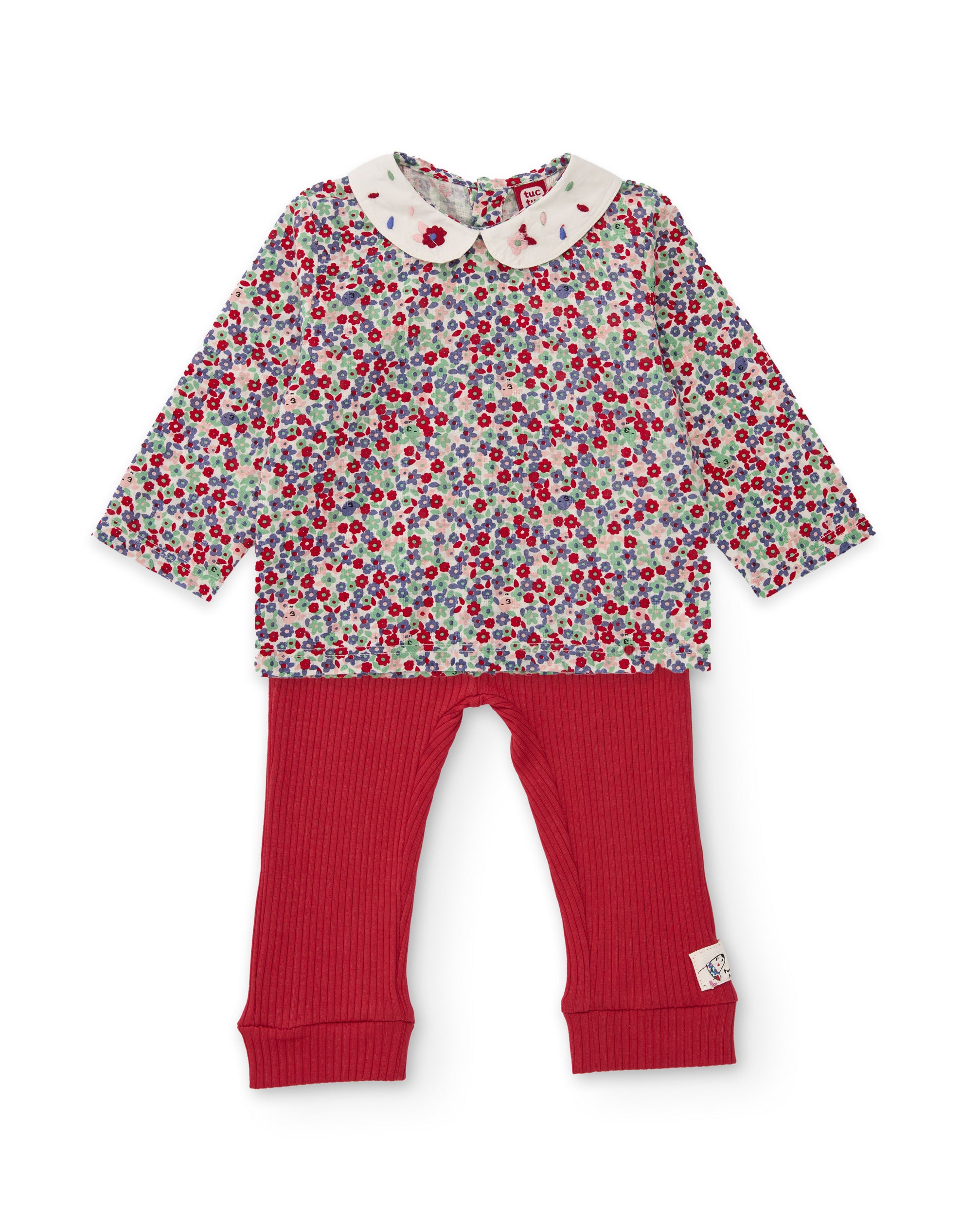 Conjunto de bebé con blusa de tela plana y leggings de punto canalé