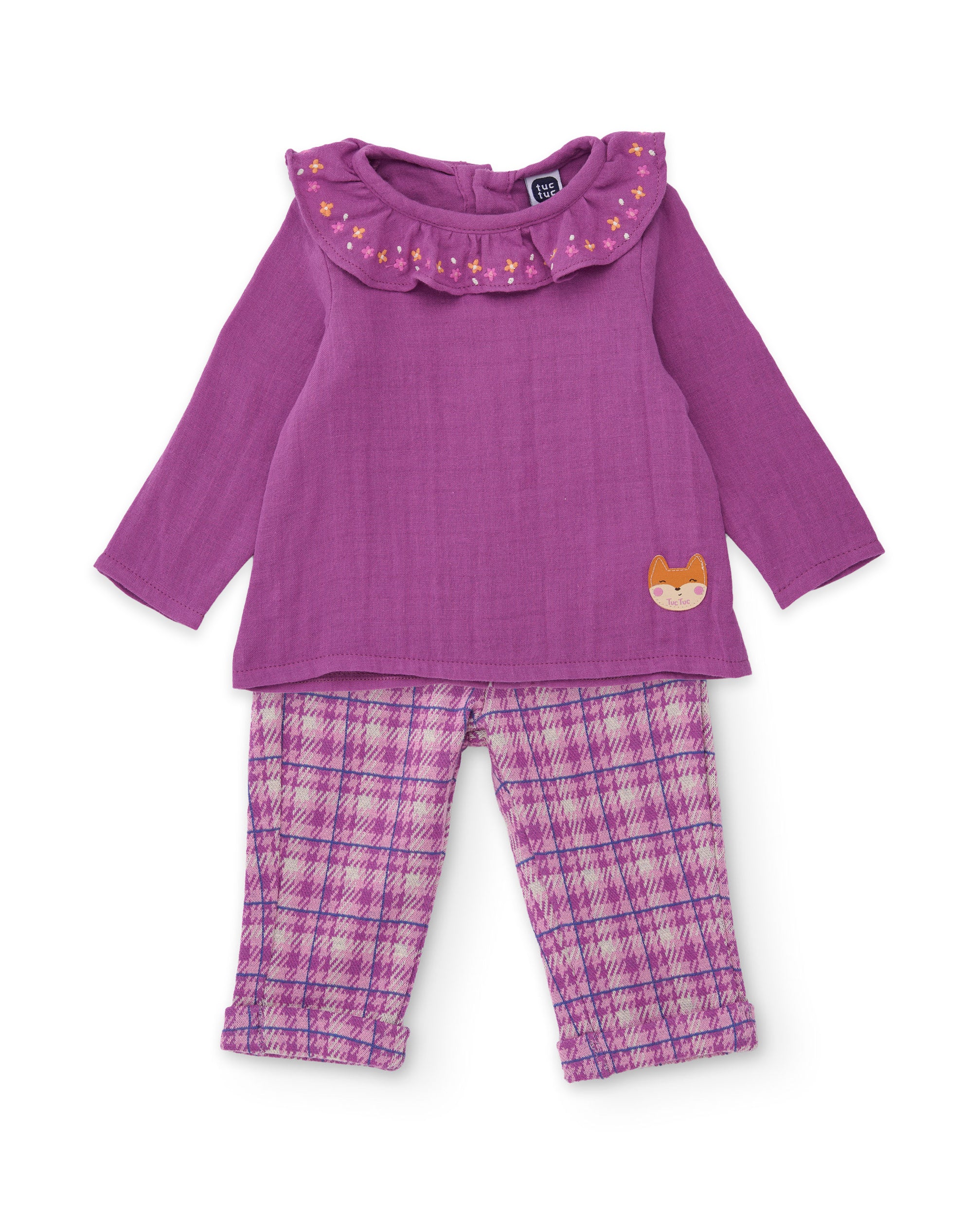 Conjunto de bebé con blusa de volantes de tela plana y pantalón de punto