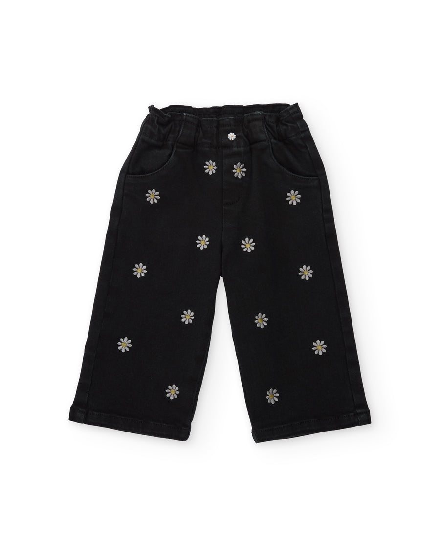 Pantalon en tissu tissé pour fille avec broderies florales