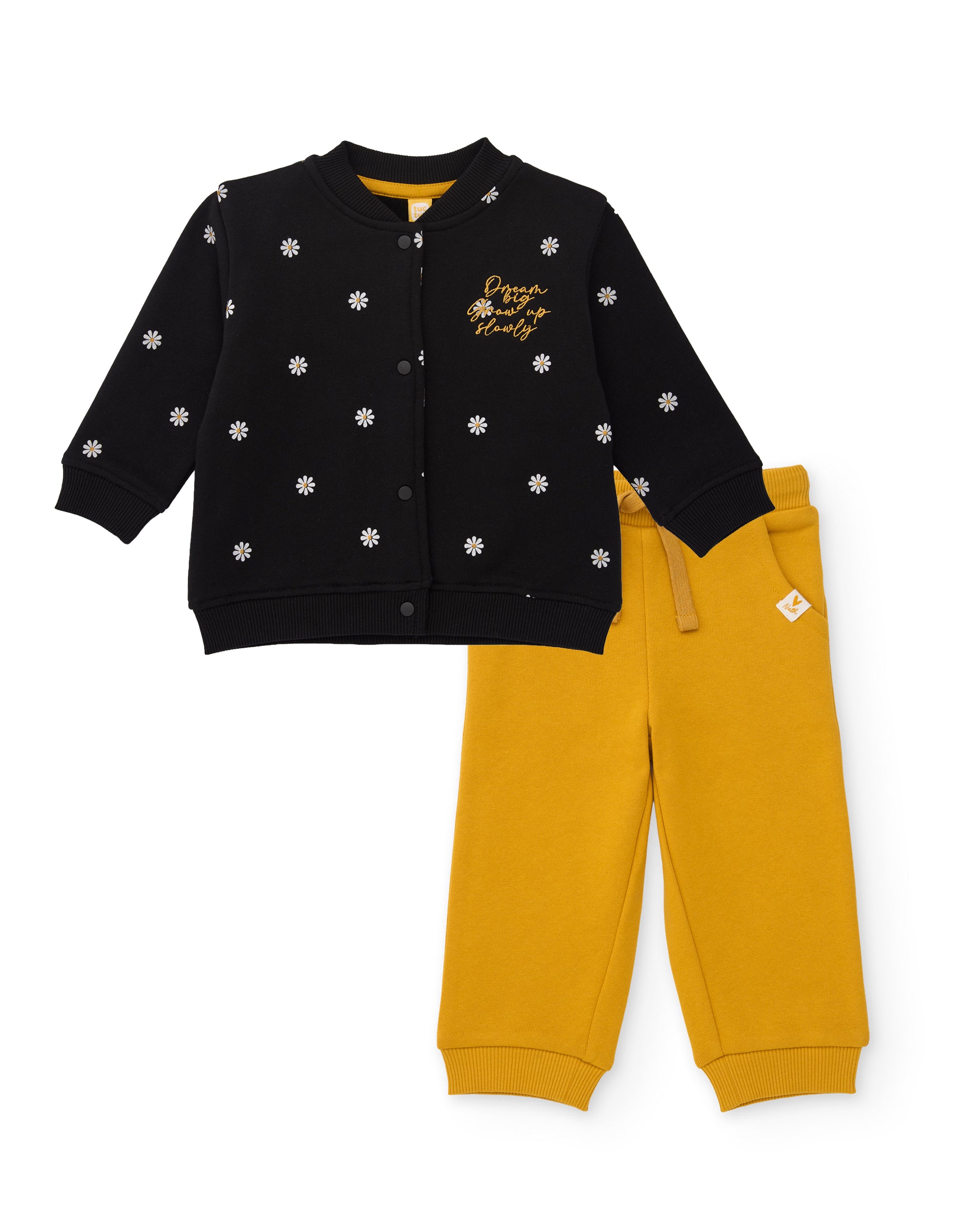 Conjunto de niña de felpa con chaqueta de estampado floral y pantalón a juego
