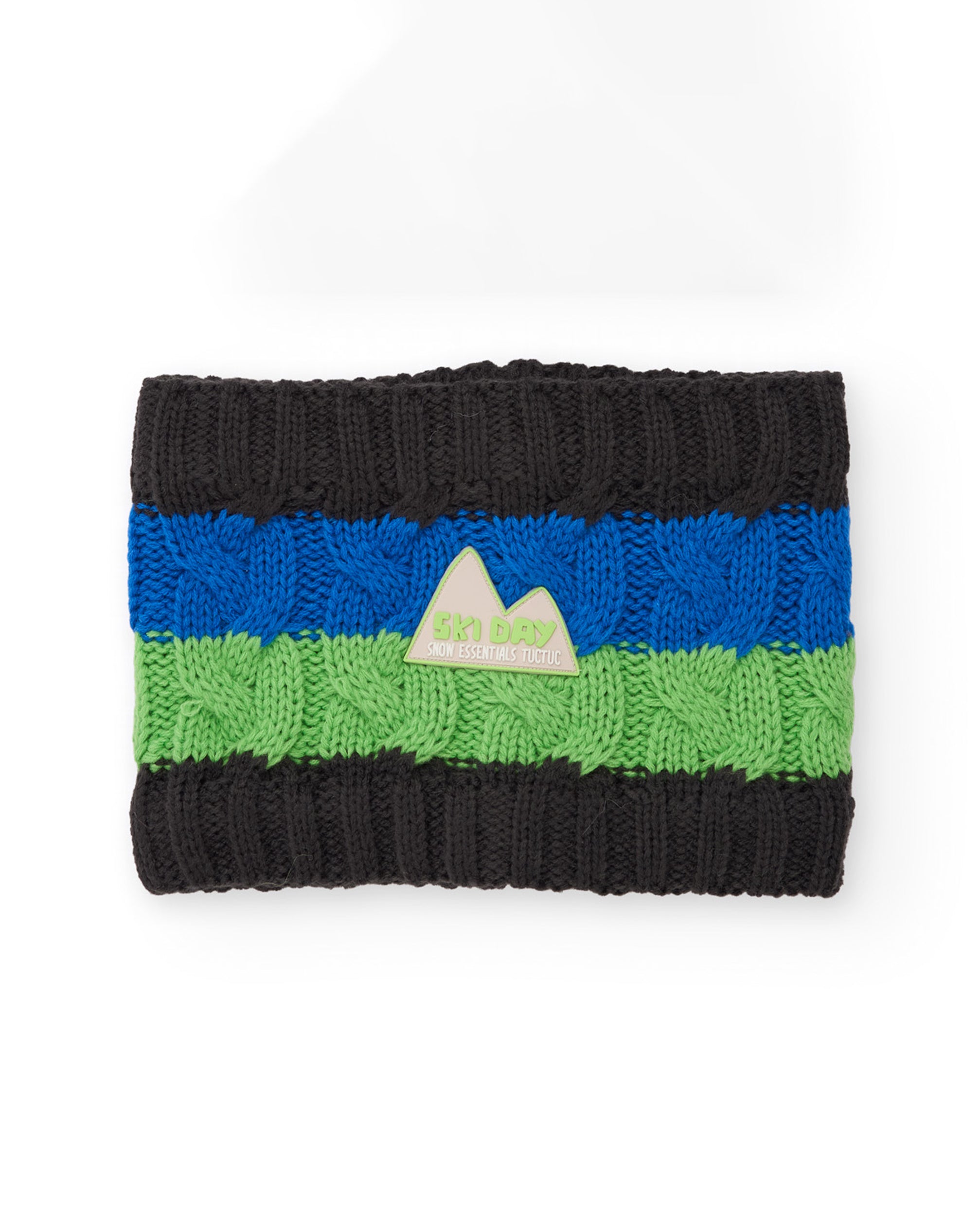 Braga de cuello de niño de tricot con rayas de colores y aplique