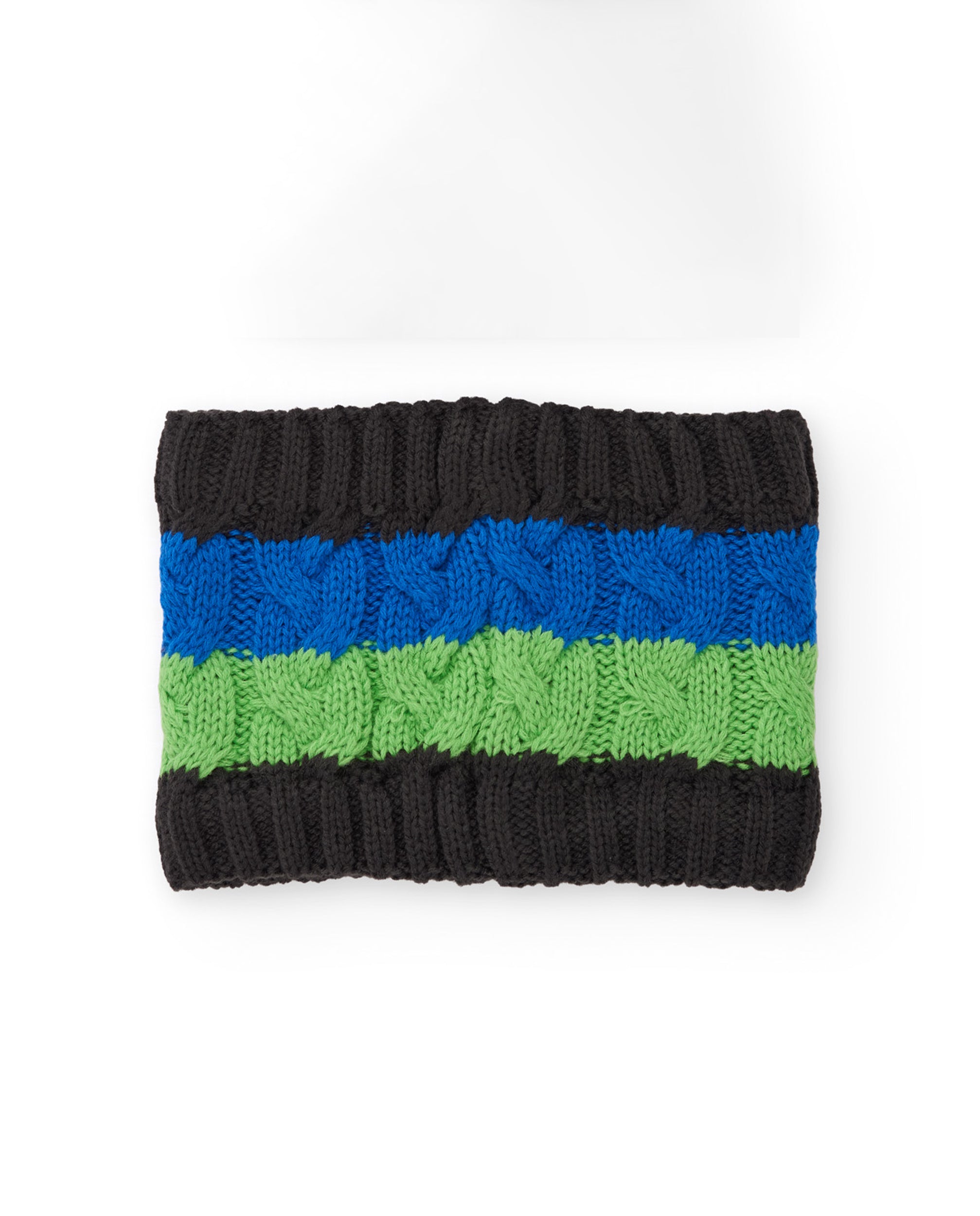 Braga de cuello de niño de tricot con rayas de colores y aplique