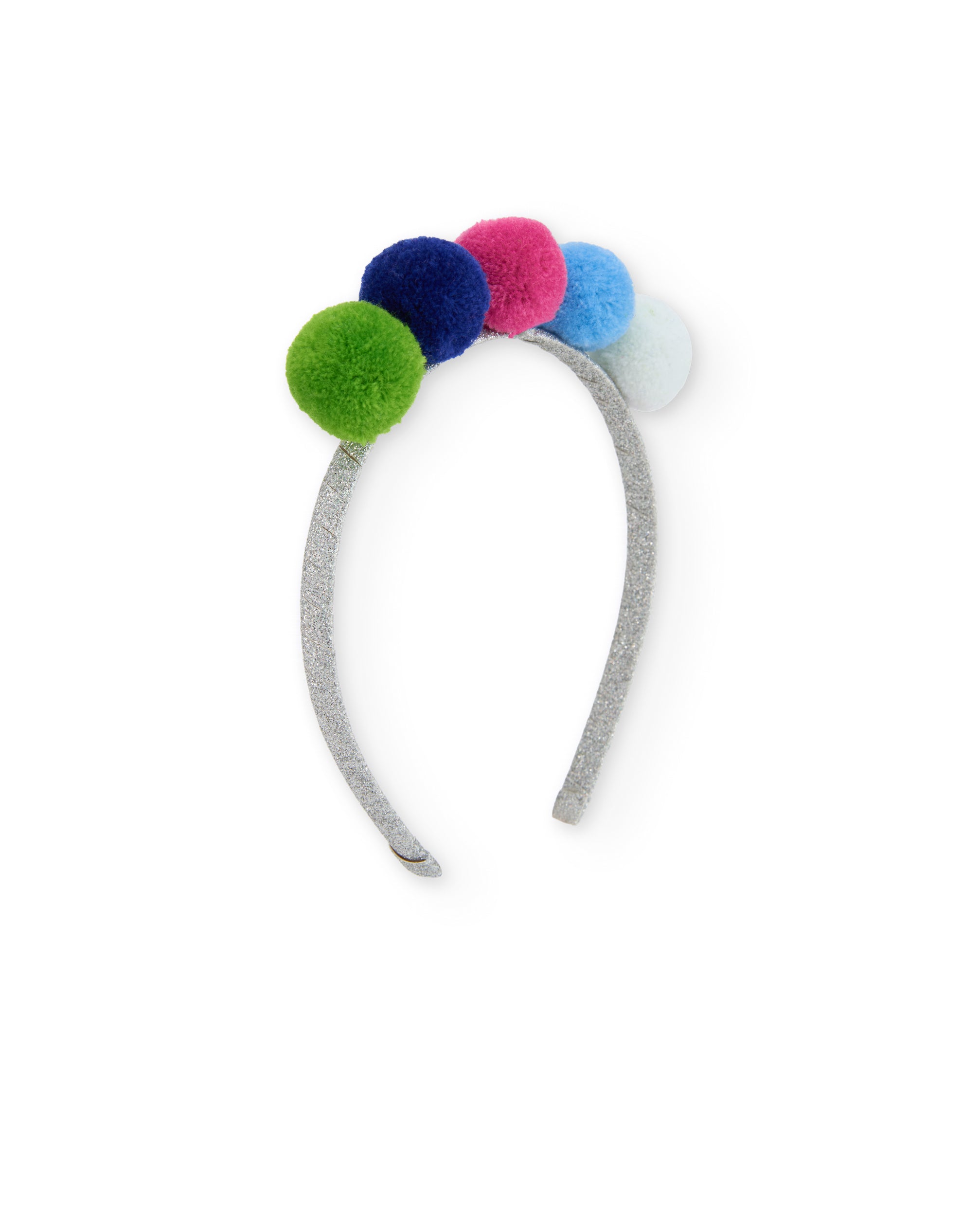 Diadema de niña con pompones de colores y detalles de brillo
