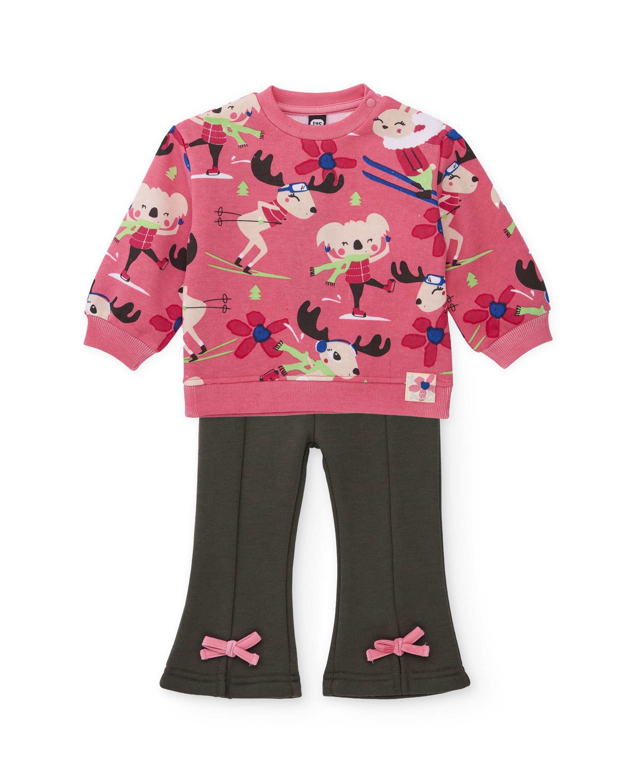 Conjunto de niña de felpa con sudadera estampada y pantalón con lazo
