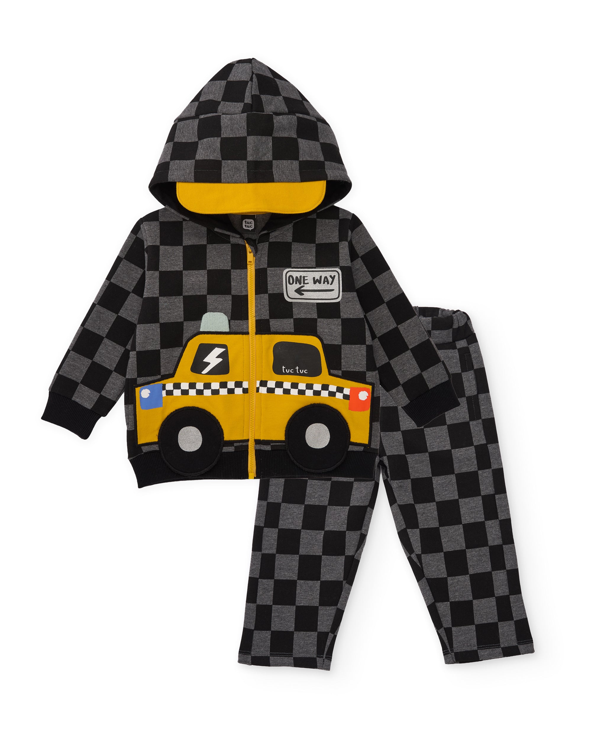 Conjunto de niño de felpa con chaqueta de diseño geométrico y pantalón a juego