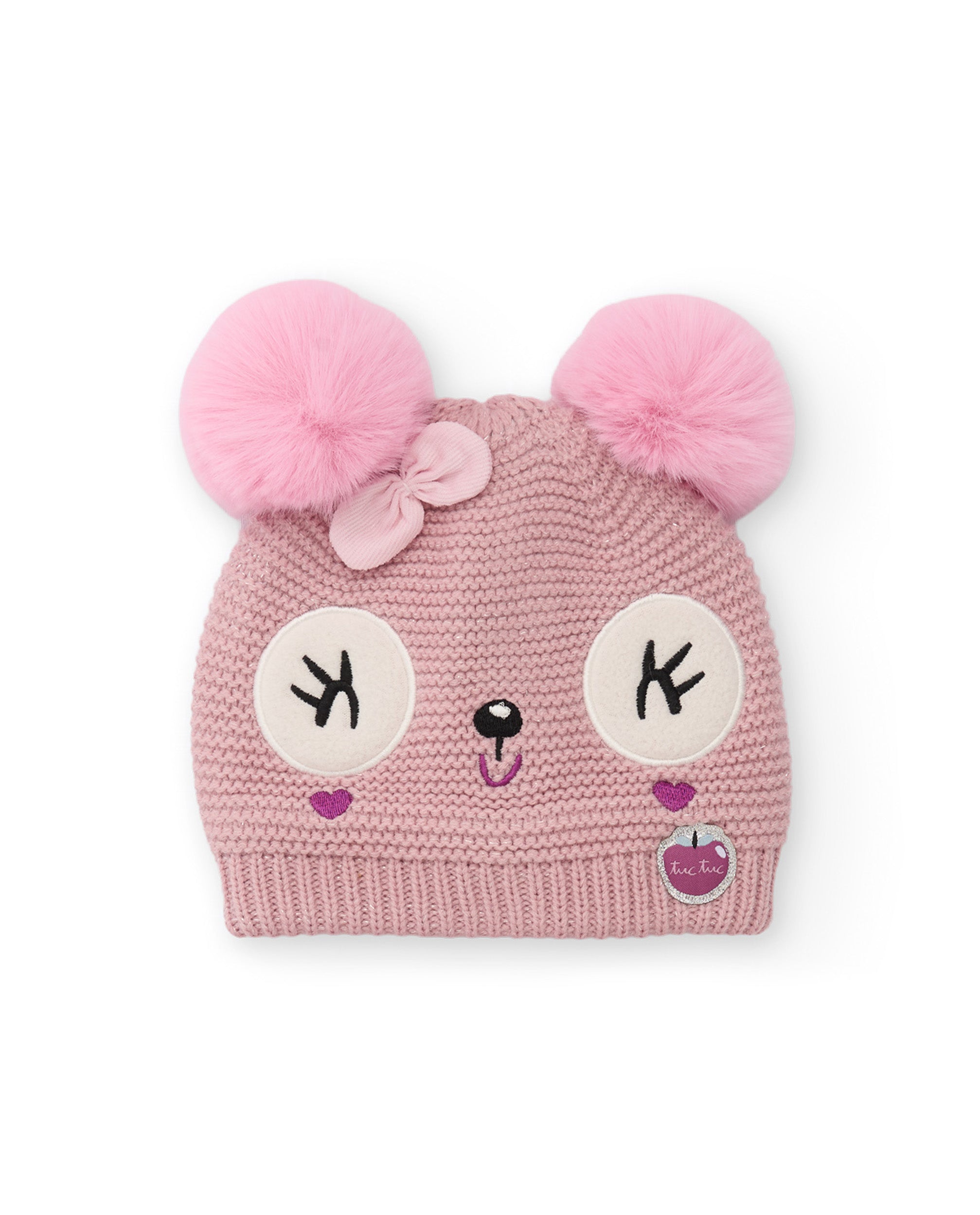 Gorro de niña de tricot con pompones y bordado