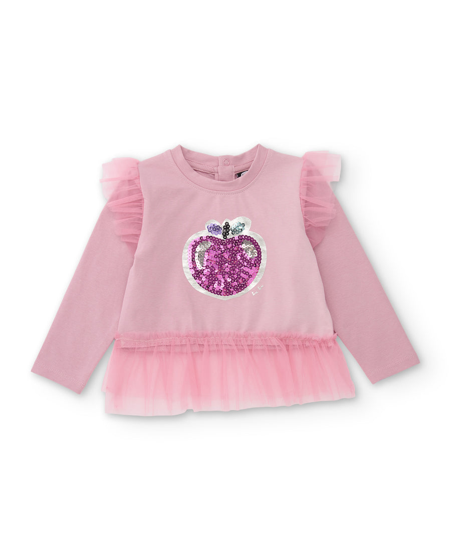 Girls' knit T-shirt with ruffles and sequin detail