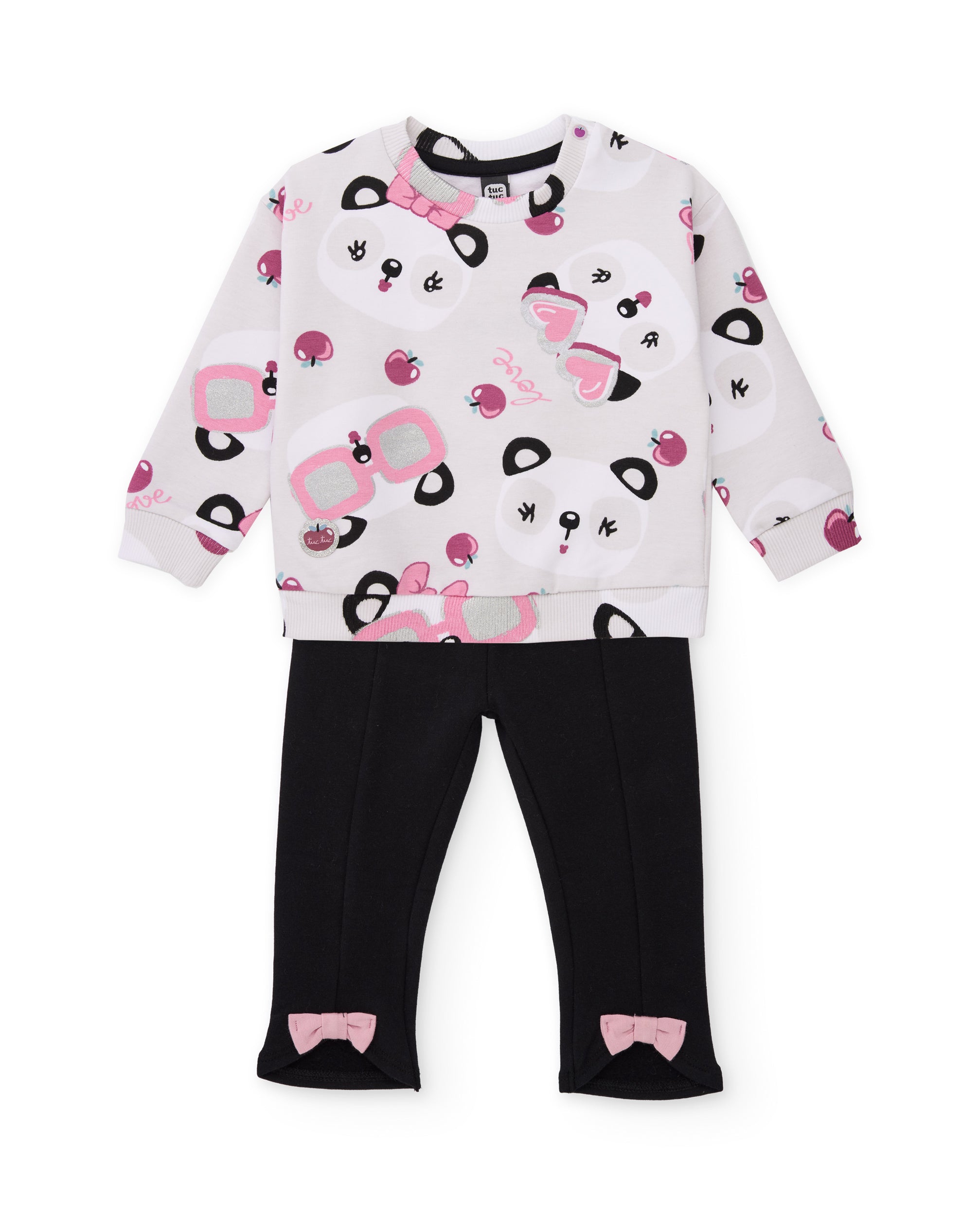 Conjunto de niña de felpa con sudadera de pandas y leggings con lazo
