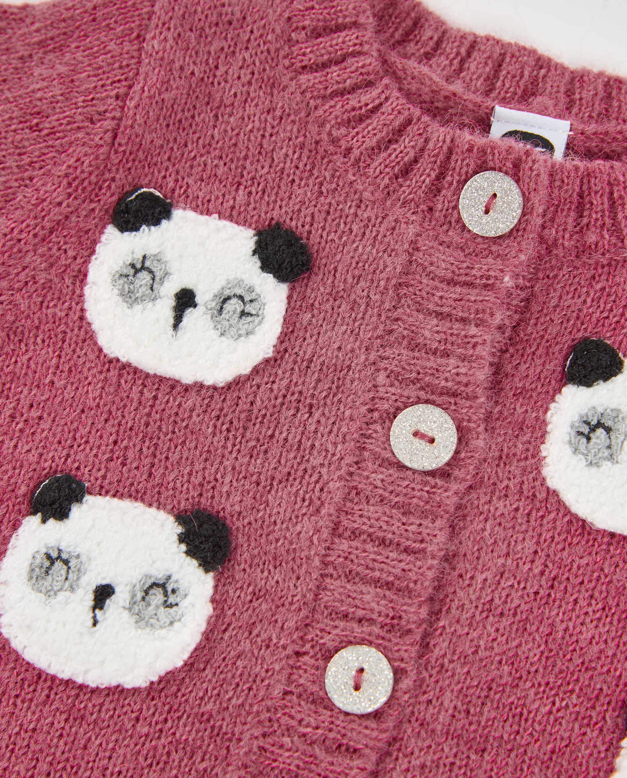 Chaqueta de niña de tricot con caras de panda bordadas