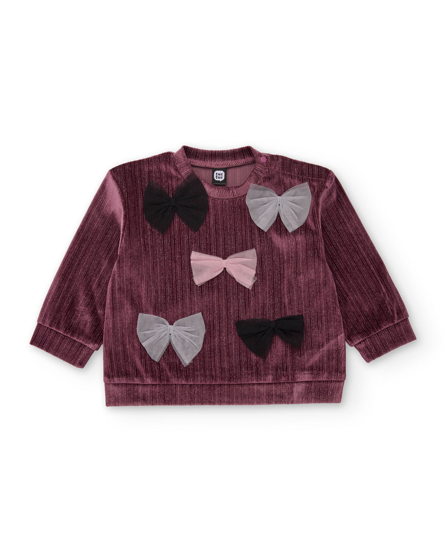 Sudadera de niña de terciopelo con lazos decorativos y tacto suave