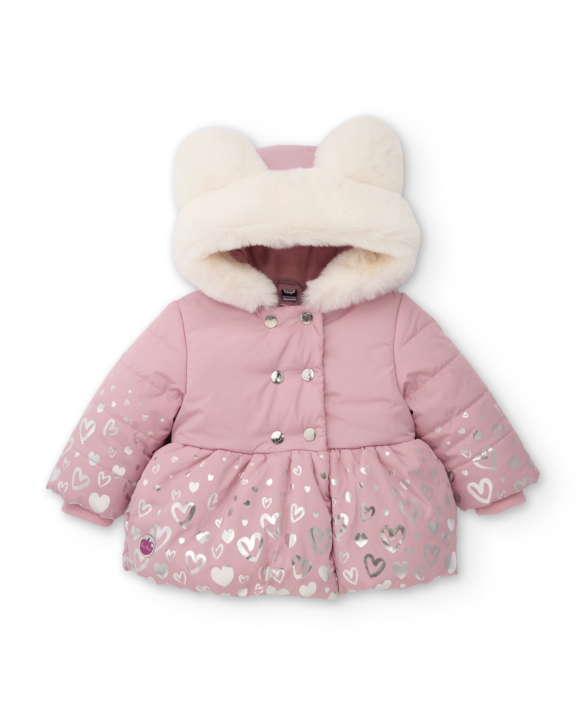 Abrigo de niña con capucha de pelo y estampado de corazones
