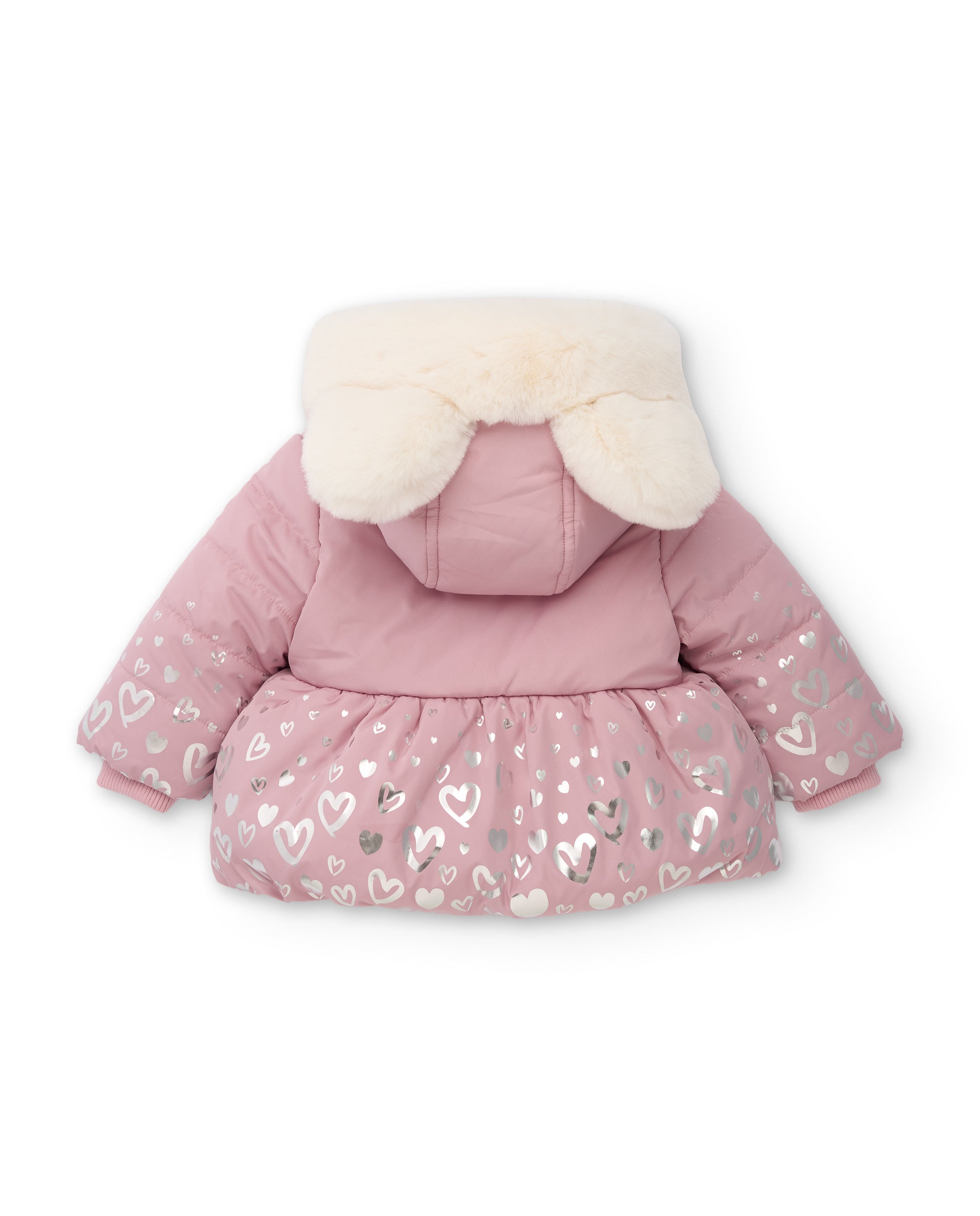 Abrigo de niña con capucha de pelo y estampado de corazones