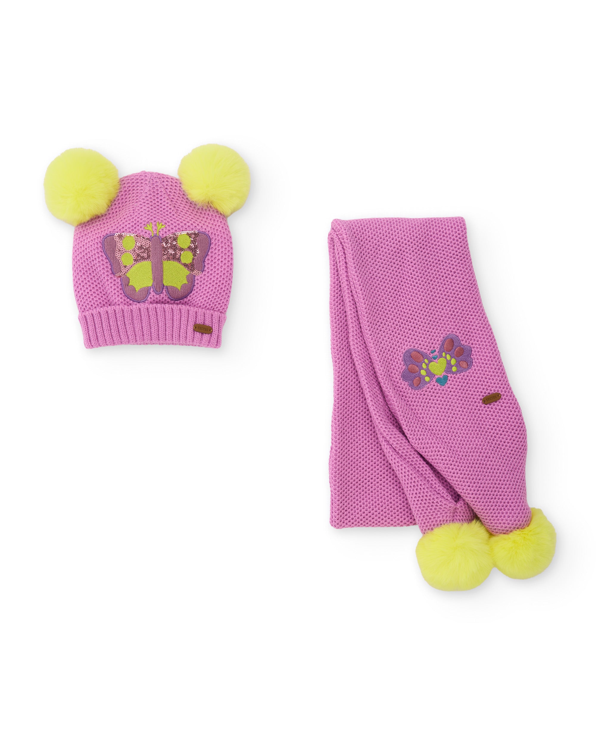 Set de niña de tricot con gorro y bufanda de mariposas