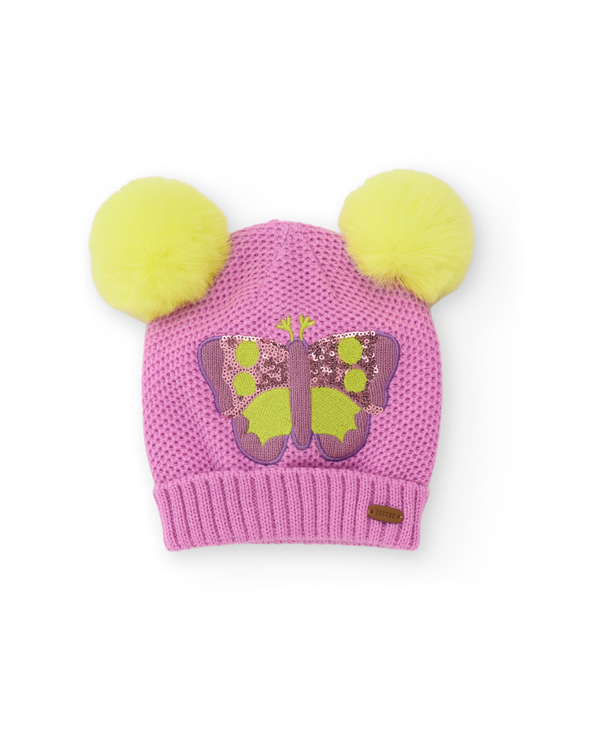 Gorro de niña de tricot con pompones y detalle de mariposa