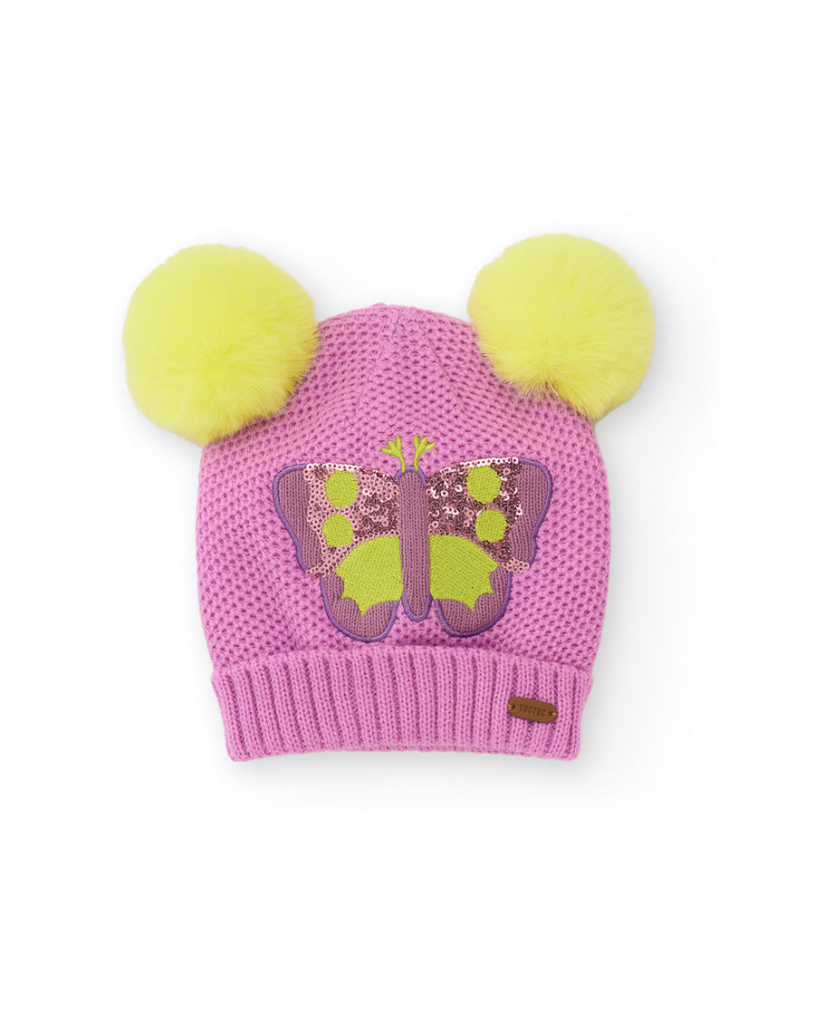 Girls' knitted hat with pom-poms and butterfly detail