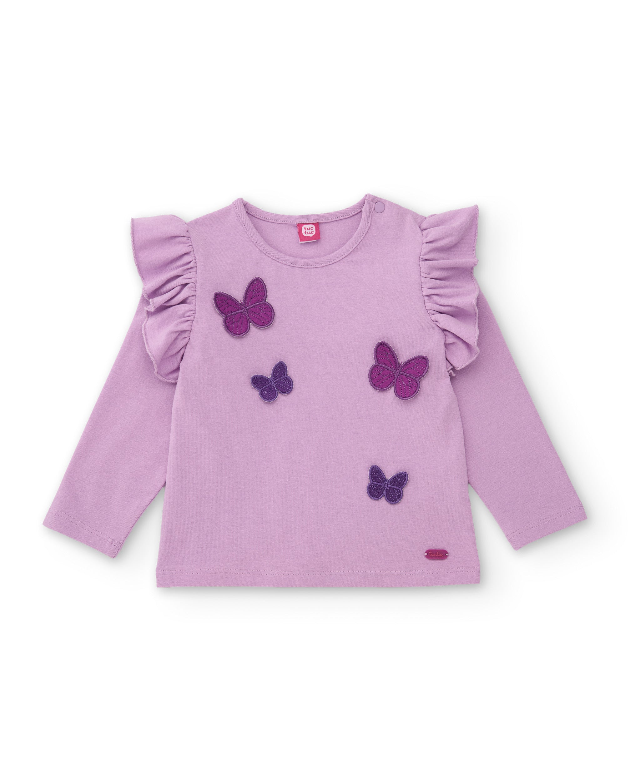 Camiseta de niña de punto con volantes en hombros y bordado mariposas