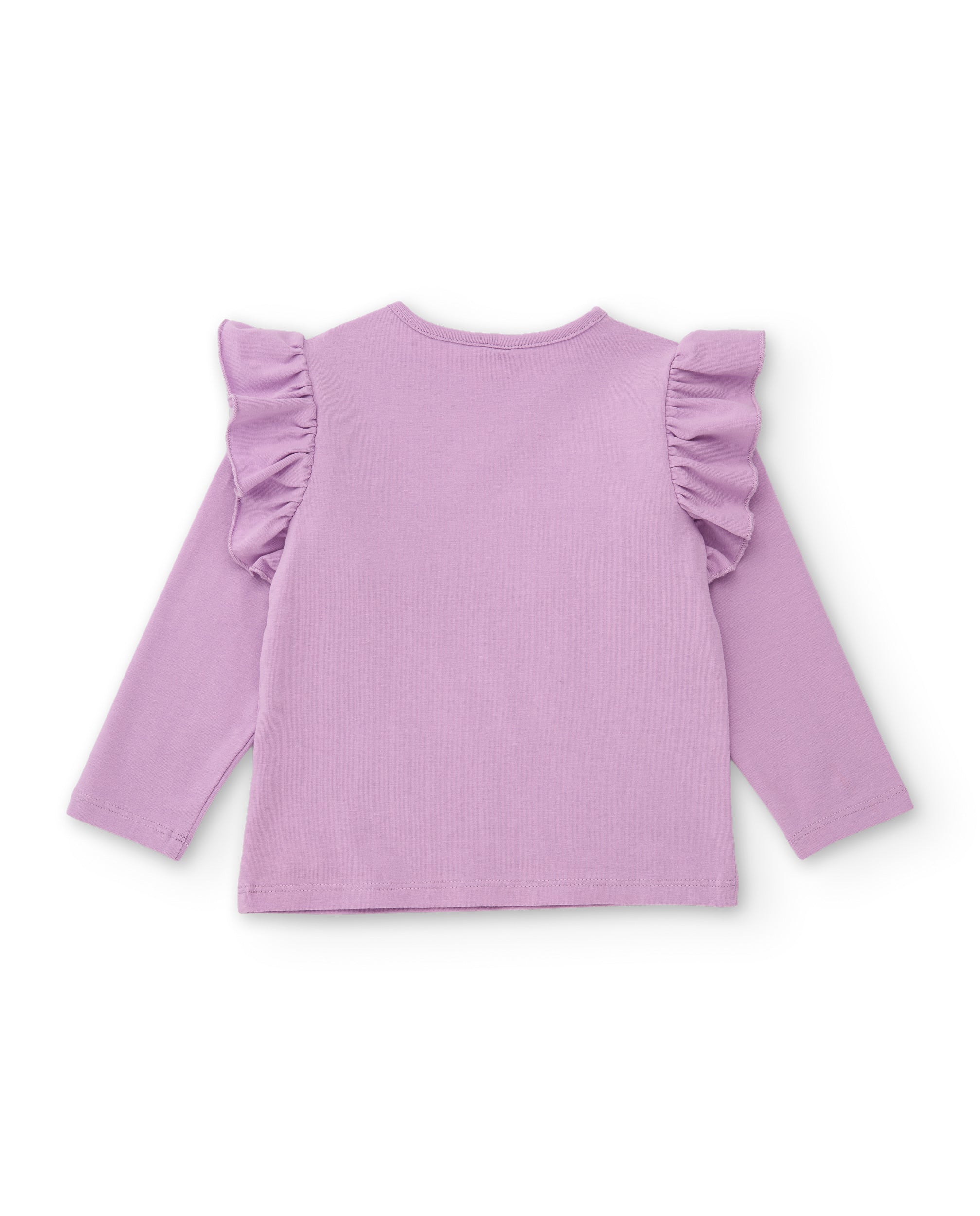 Camiseta de niña de punto con volantes en hombros y bordado mariposas