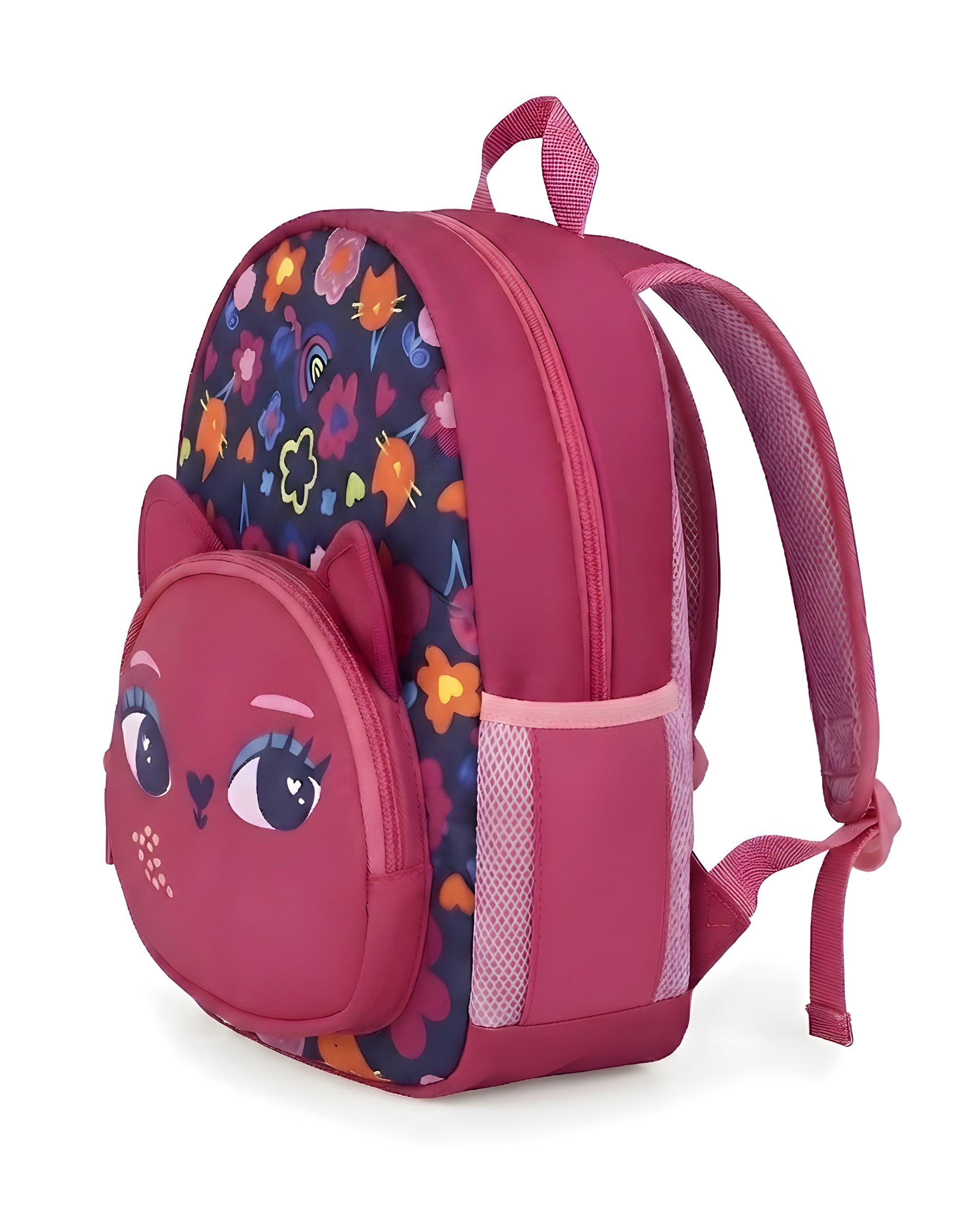 Mochila de niña con estampado floral y diseño de gato