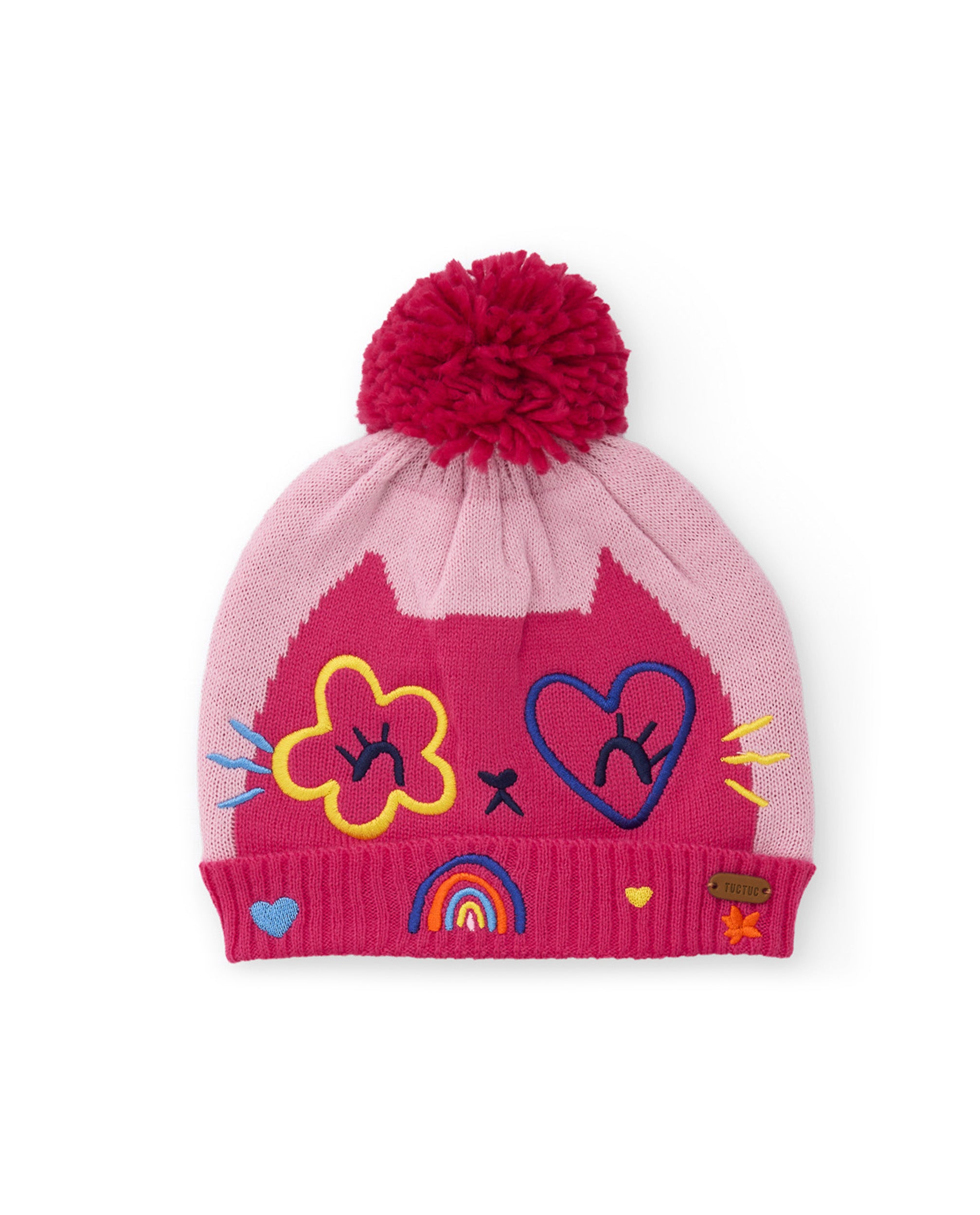 Gorro de niña de tricot con pompón y bordado