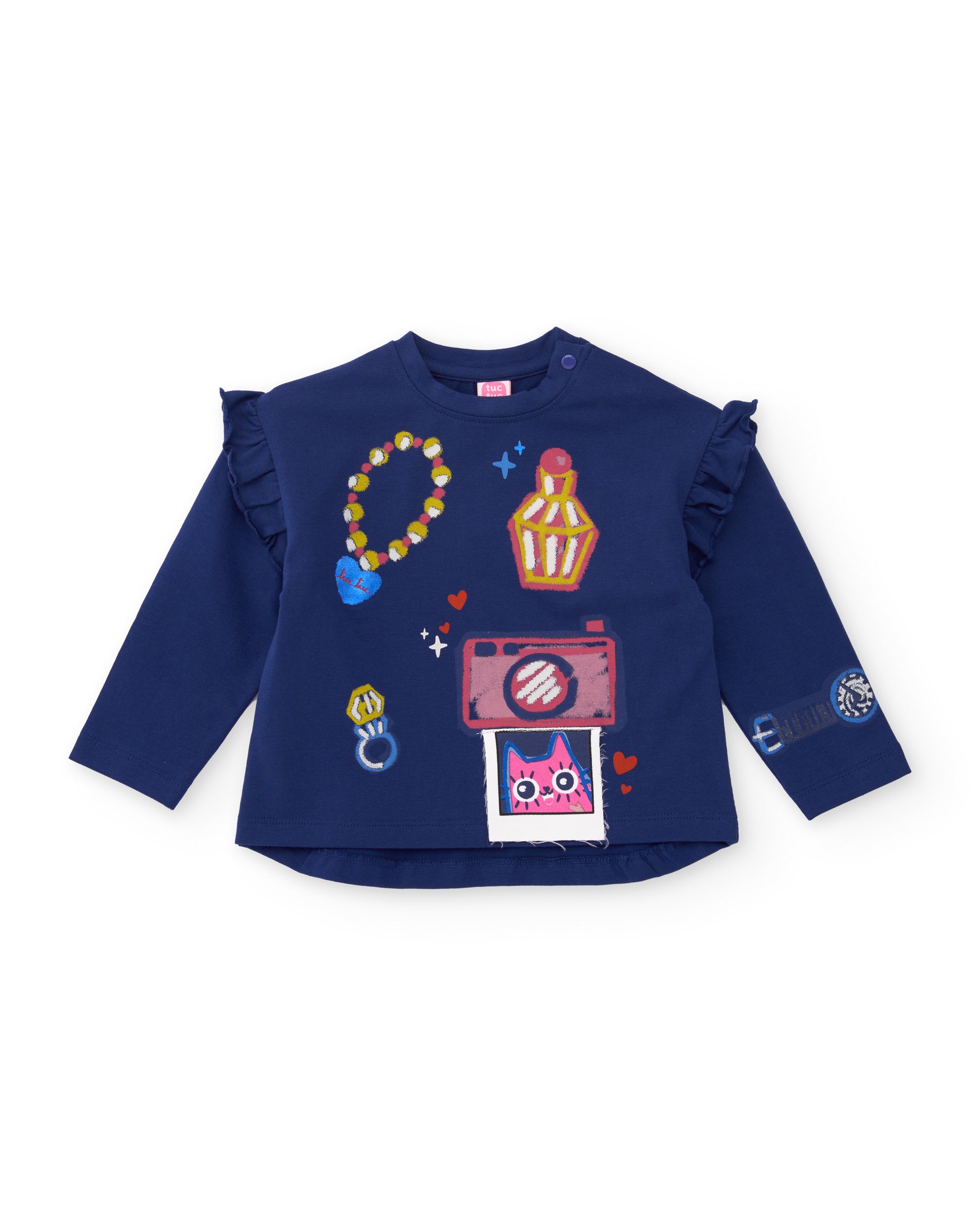 Camiseta de niña de punto con estampado frontal y volantes en hombros