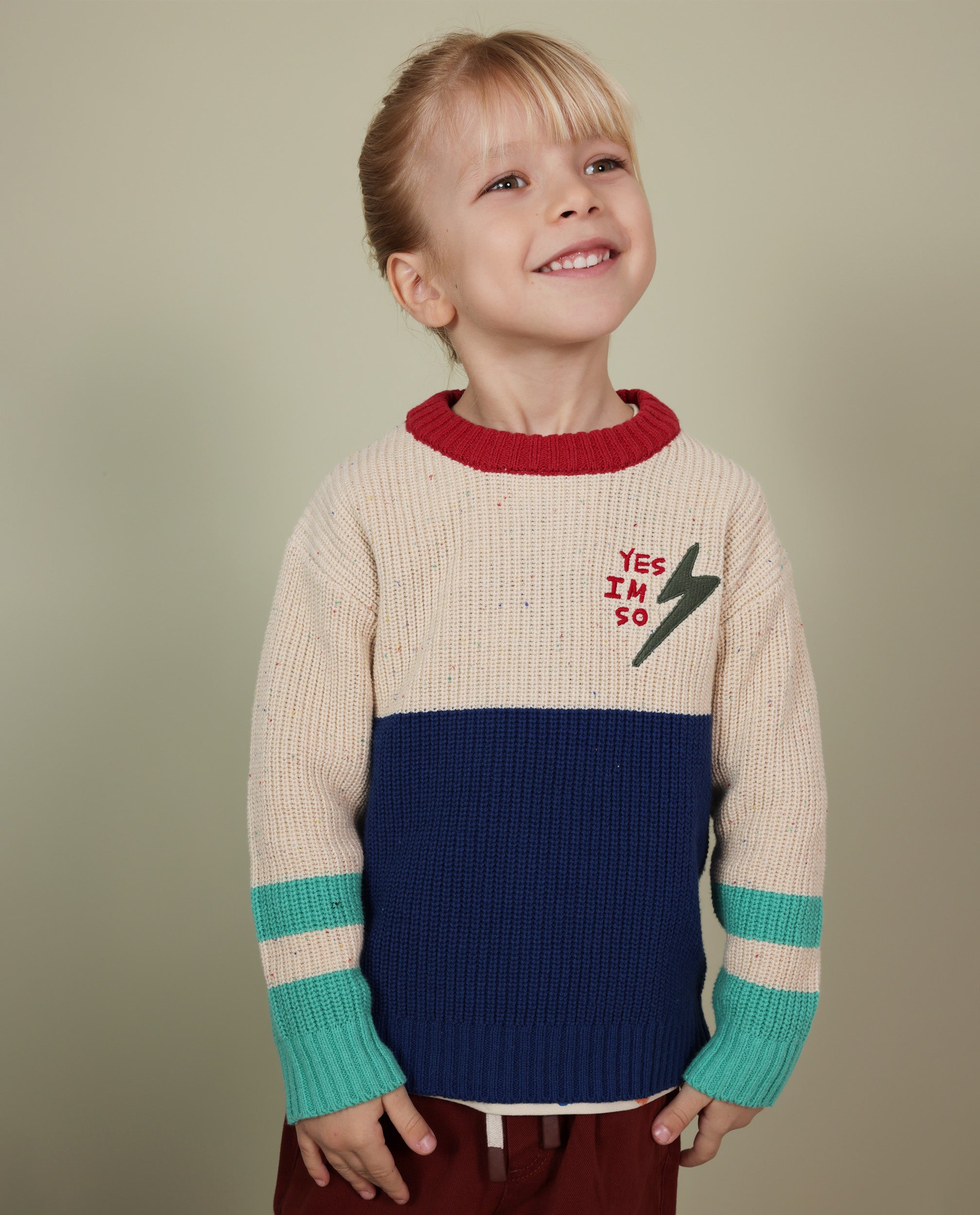Jersey de niño de tricot con cuello redondo y bloques de color