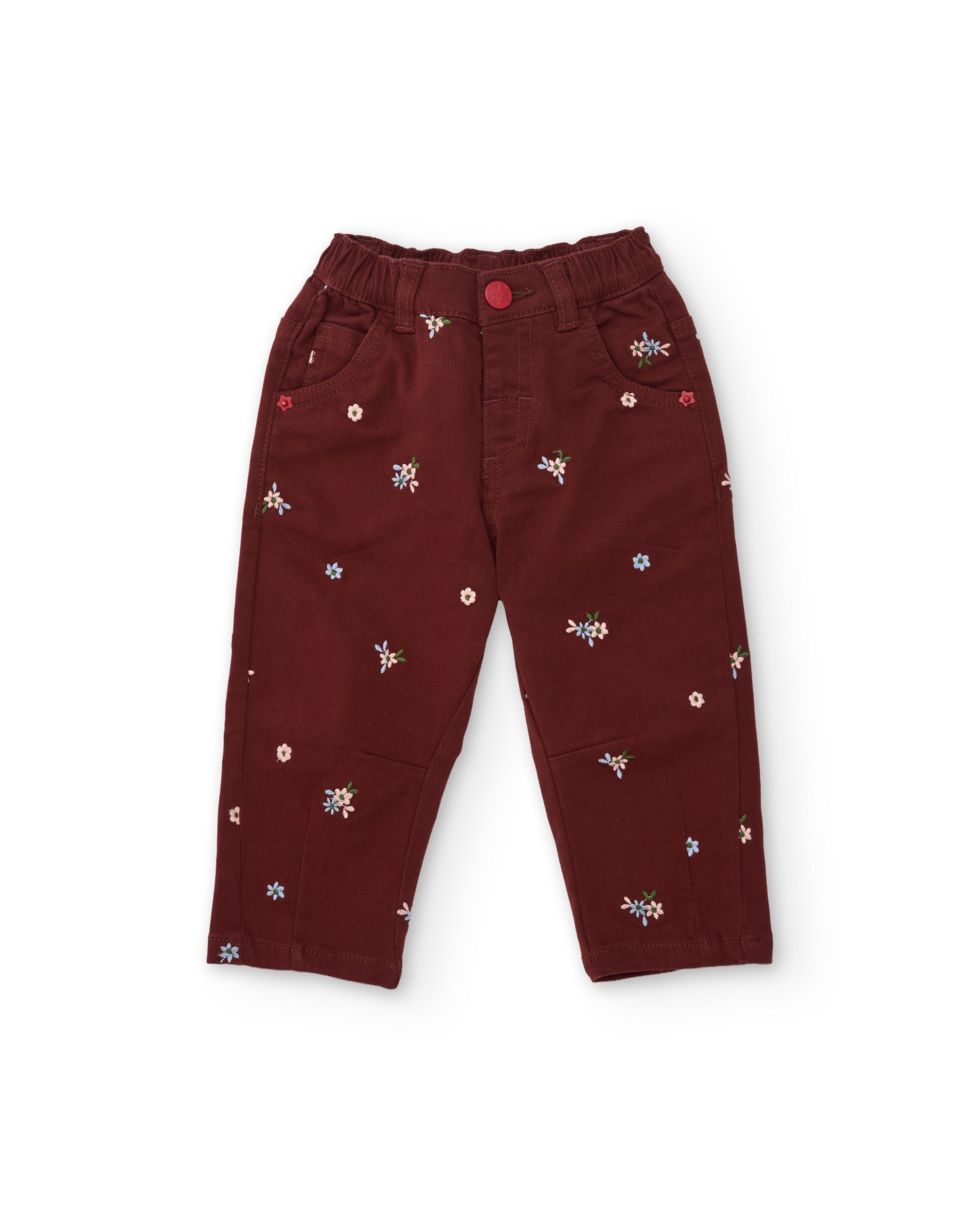 Pantalón de niña de tela plana con bordado y cintura elástica