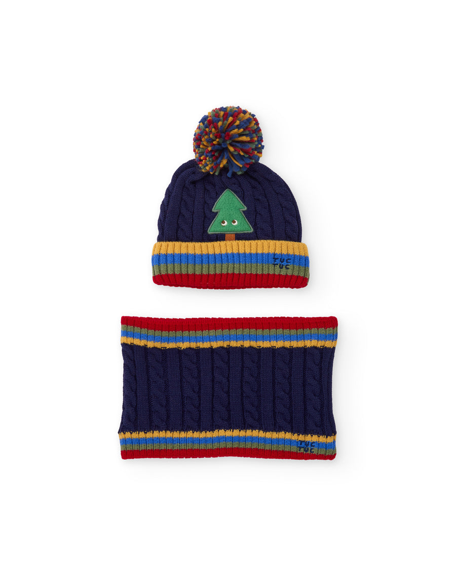 Boys' knitted set with a hat and neck warmer featuring a tree design