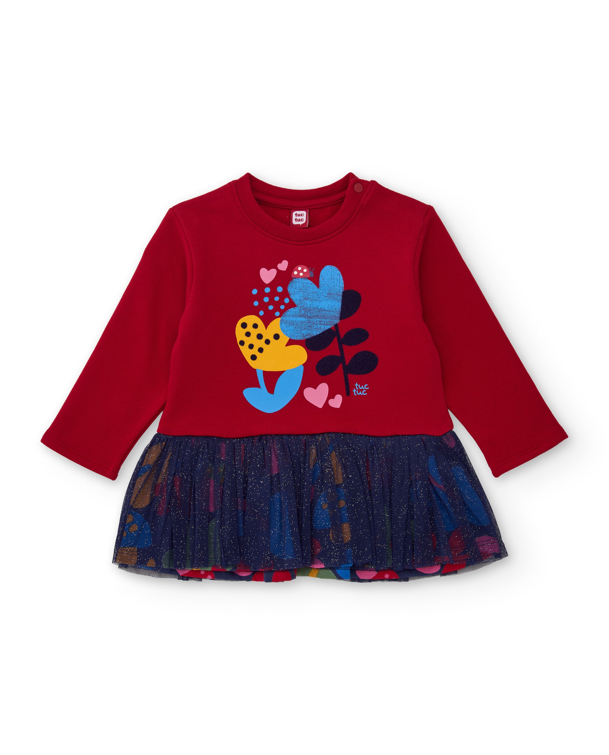 Vestido de niña de punto y felpa con estampado floral y volante