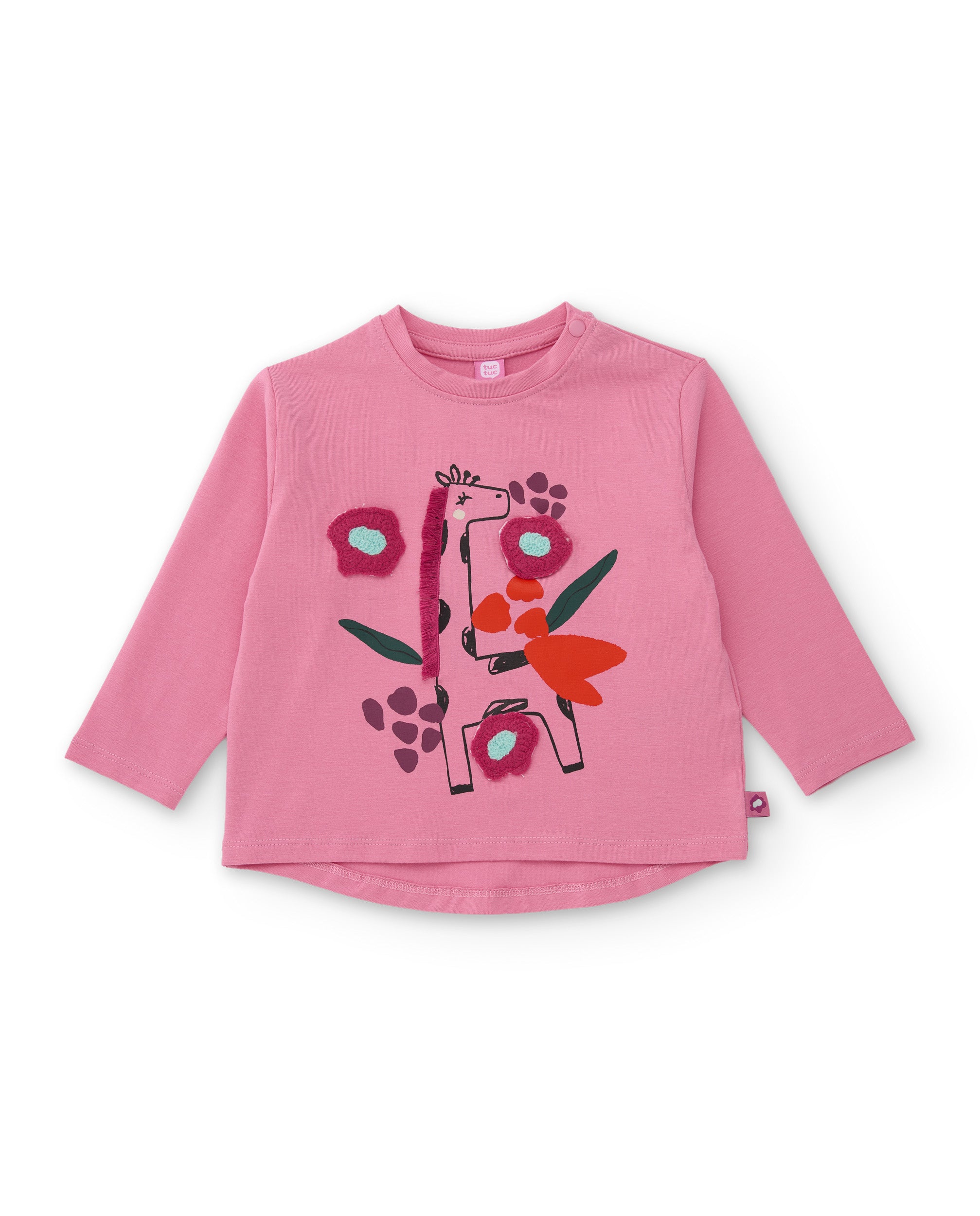 Camiseta de niña de punto con estampado floral y dibujo de jirafa
