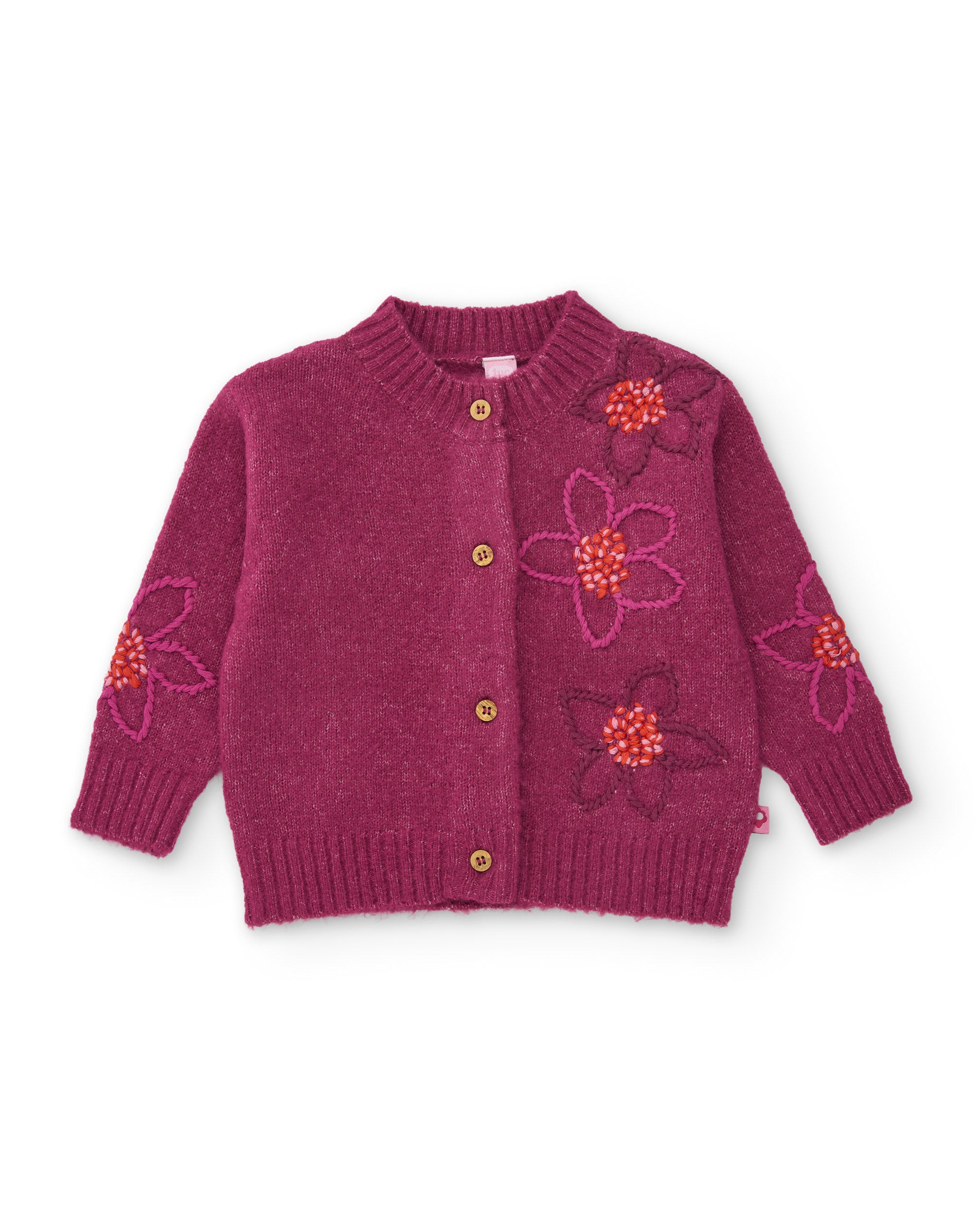Chaqueta de niña de tricot con bordado floral y diseño envolvente