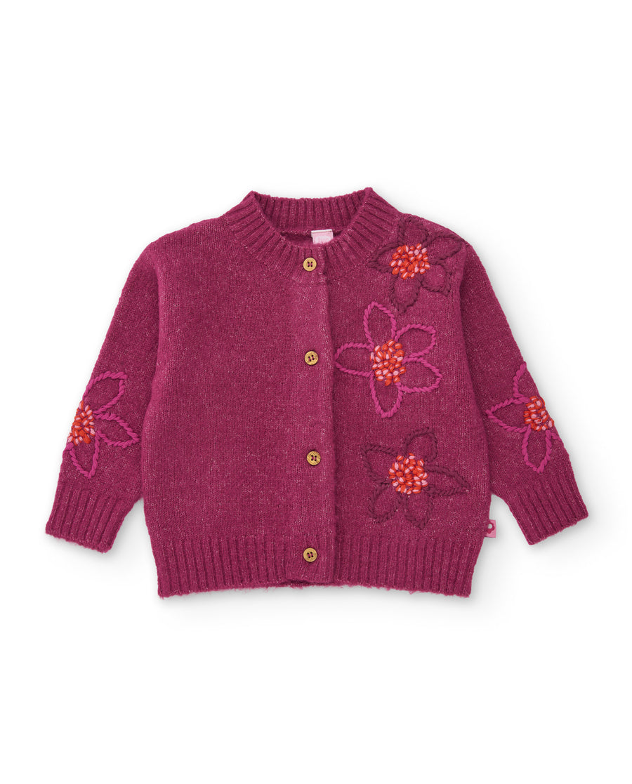 Casaco de tricot de menina com bordado floral e design envolvente