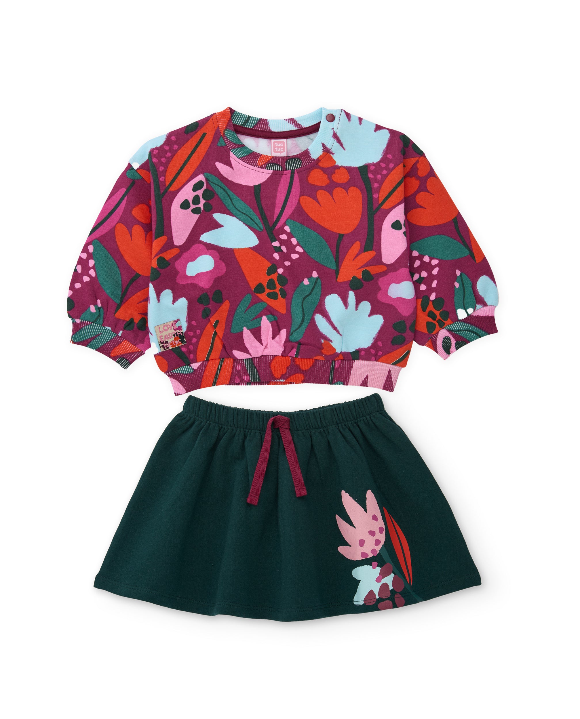 Conjunto de niña de felpa con sudadera floral y falda a juego