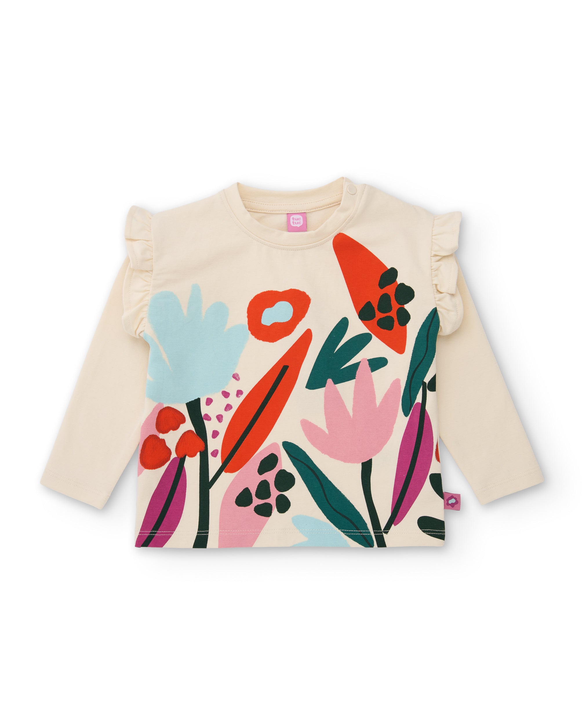 Camiseta de niña de punto con estampado floral y base en crudo