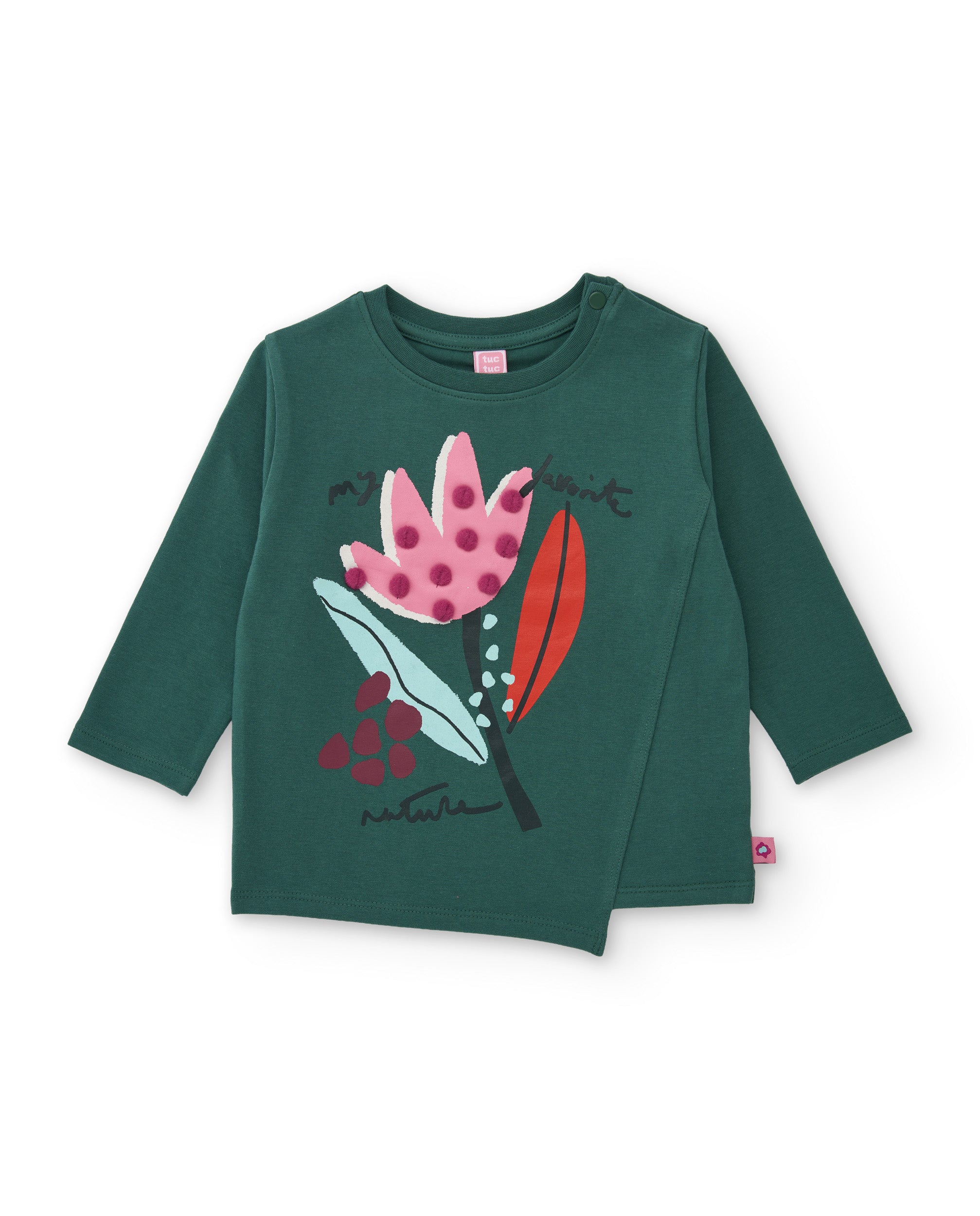 Camiseta de niña de punto con pompones en relieve y estampado floral
