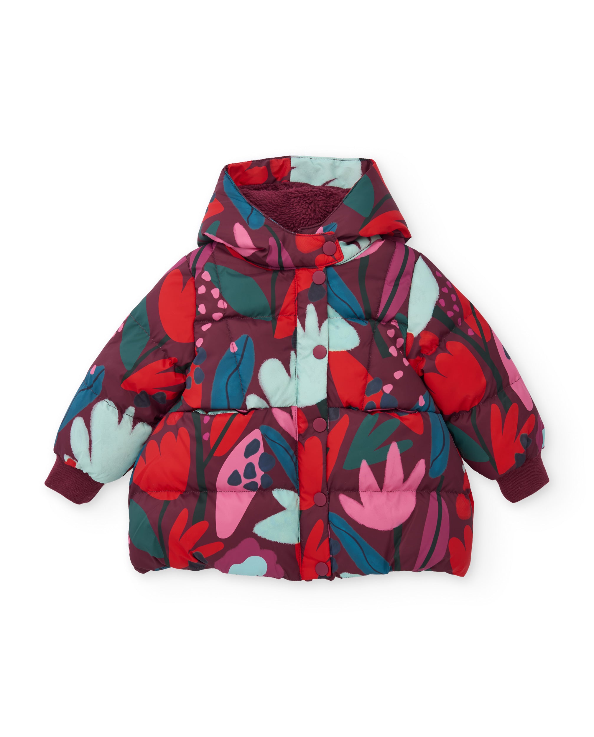 Abrigo de niña acolchado con estampado floral y colores vivos