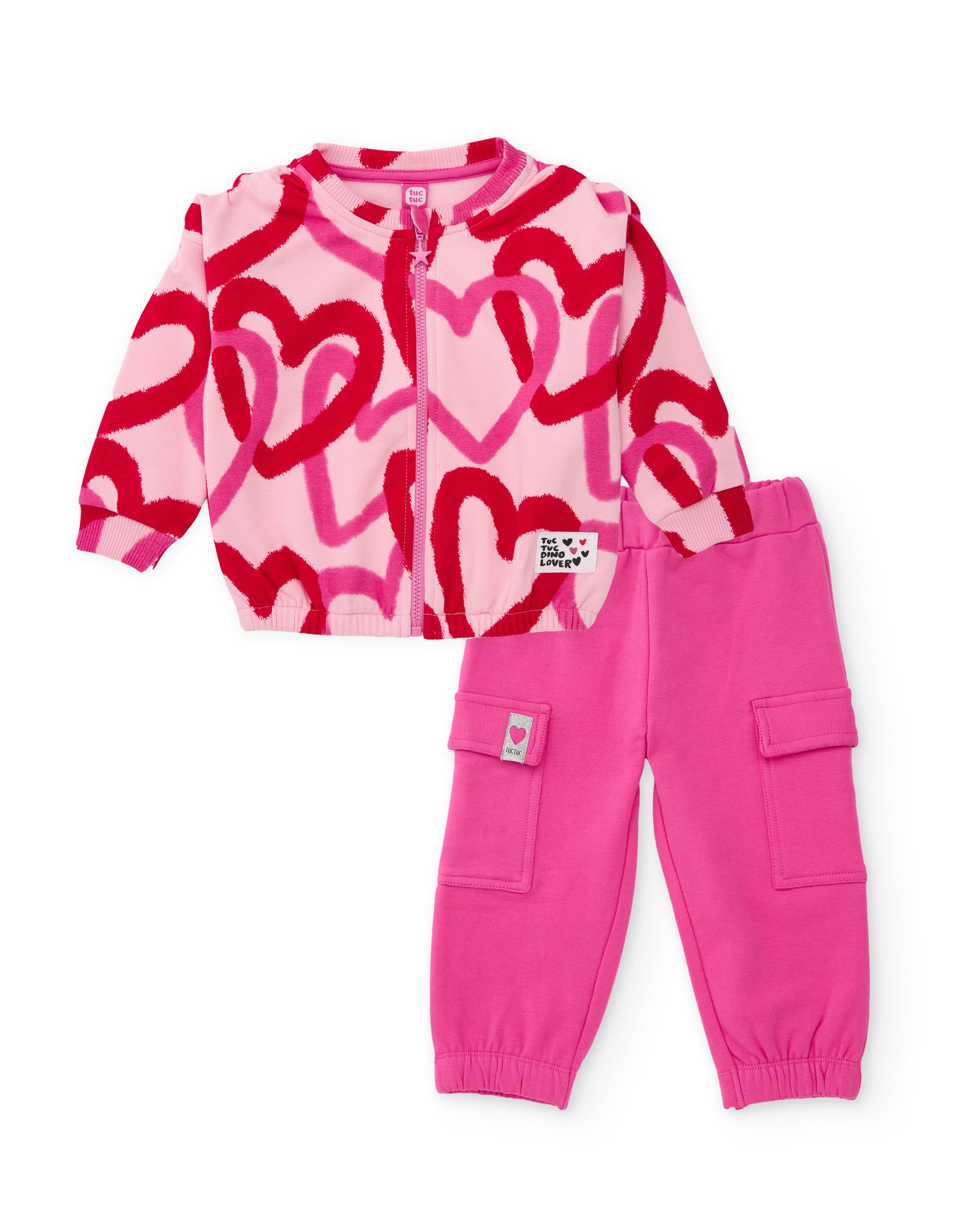 Conjunto de niña de felpa con sudadera de cremallera y diseño de corazones